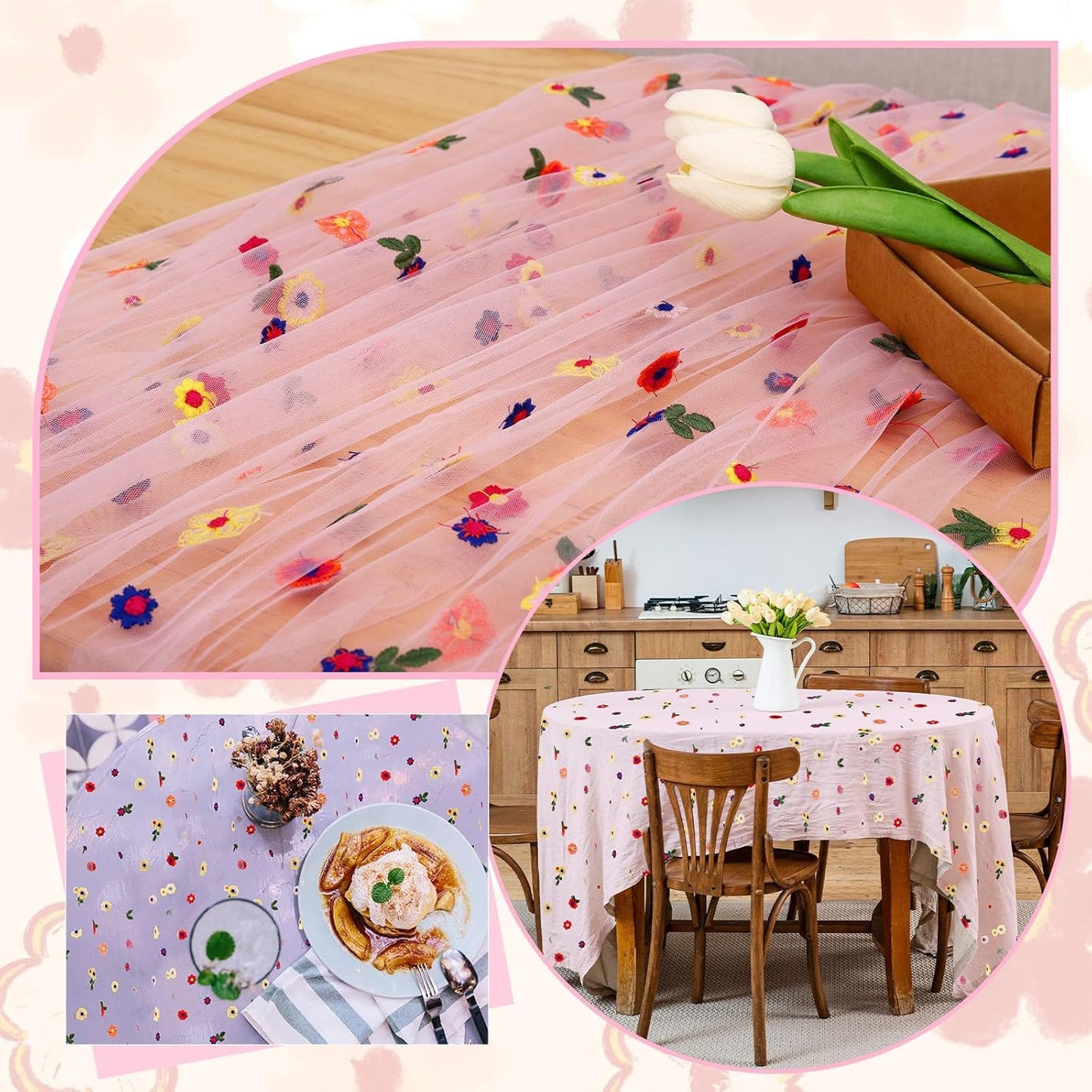 BINBE 1pcs Pink Daisy Fall Table Runner Embroidery Gauze 10FT Florals Seasonal Tulle Holiday Birthday Kitchen Dining Table Decor for Home Party