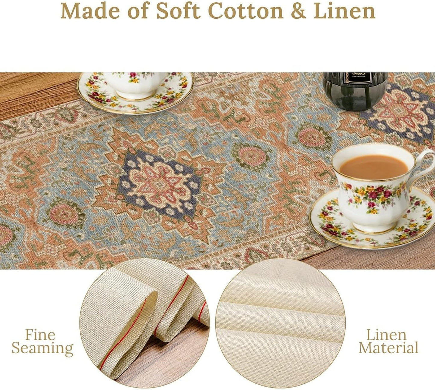 Vintage Boho Floral Table Runner, Rustic Country Farmhouse Grey Blue Orange Bohemia Flower Pattern for Home Kitchen Table Decor Dining Coffee Room Party Decor 13x120in