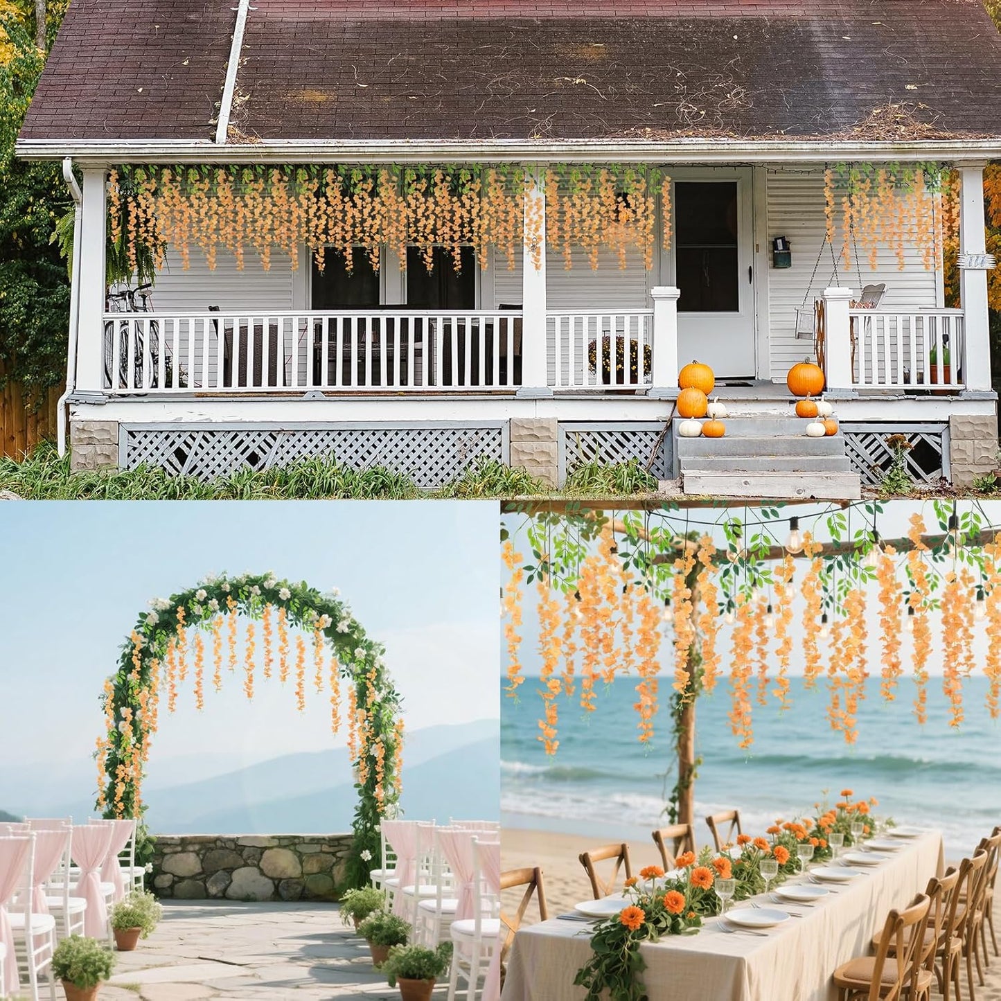 12 Pack Wisteria Hanging Artificial Fall Flowers Fake Flowers Ratta Hanging Garland Silk Flowers String for Home Garden Party Wedding Backdrop Arch Decor (Orange)