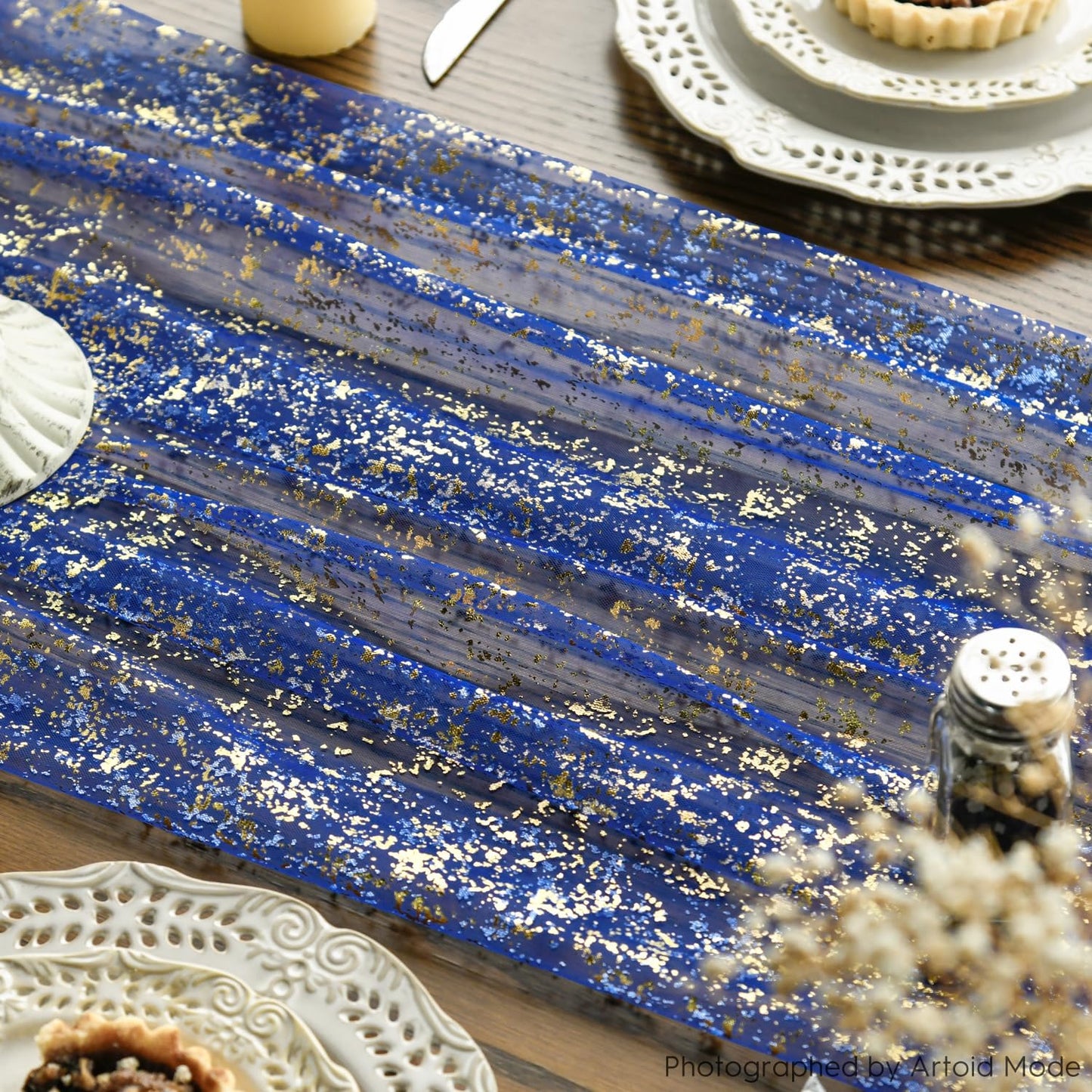 Artoid Mode 6PCS Blue Gold Gauze Table Runner 120 Inch 10FT, Glitter Metallic Foil Sheer Dining Wedding Anniversary Holiday Table Decor for Home Party