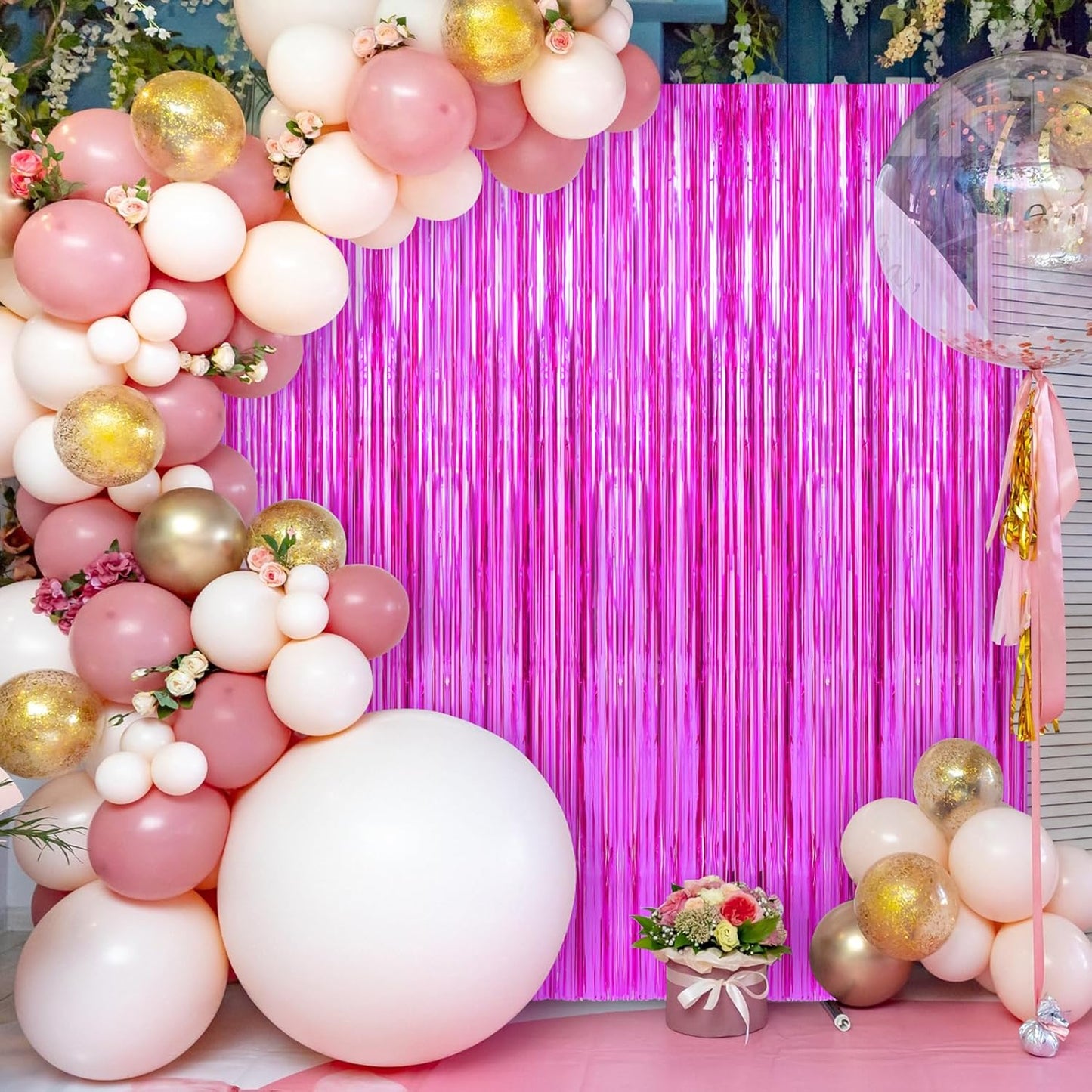 2 Pack Hot Pink Foil Fringe Curtains Streamers Party Decorations 3.3 x 8.2 ft, Tinsel Curtain Fringe Backdrop for Parties, Door Fringe Birthday Streamers, Photo Booth Backdrops, Party Decor