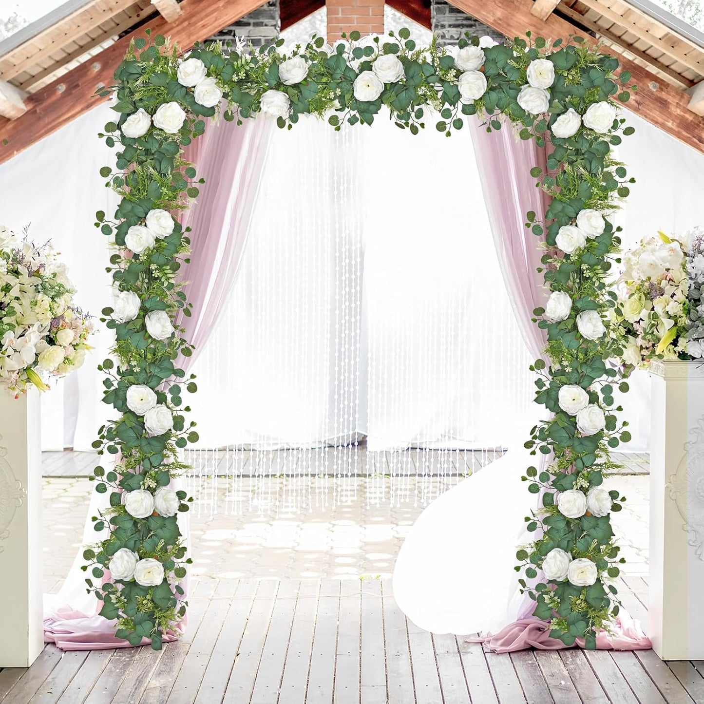 4PCS 6.23FT Artificial Eucalyptus Garland with Peony Flowers Fake Vines Floral Greenery Garland White Peonies Artificial Flowers for Centerpiece Table Runner Wedding Decor (White, 4PCS)