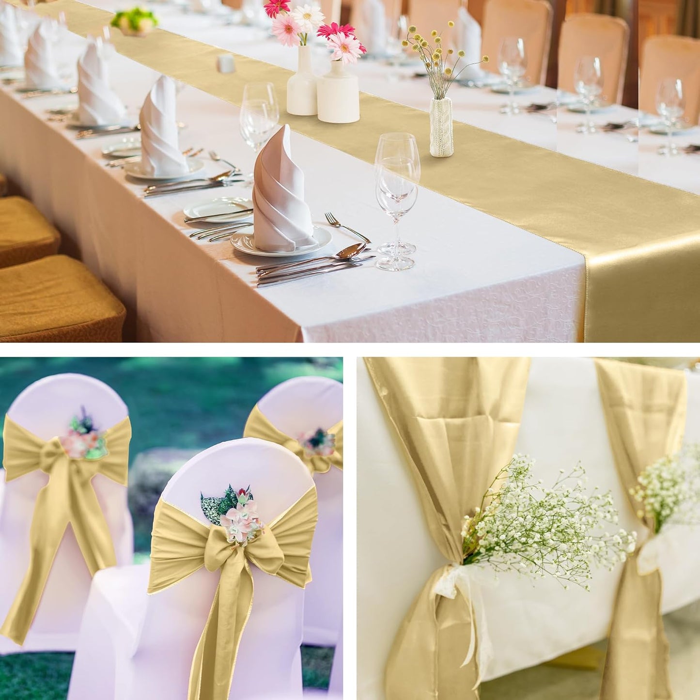 Aneco 12 Pack Satin Table Runner 12 x 108 Inch Champagne Long Wedding Satin Silk Table Runner for Wedding Banquet Graduations Birthday Party Decoration