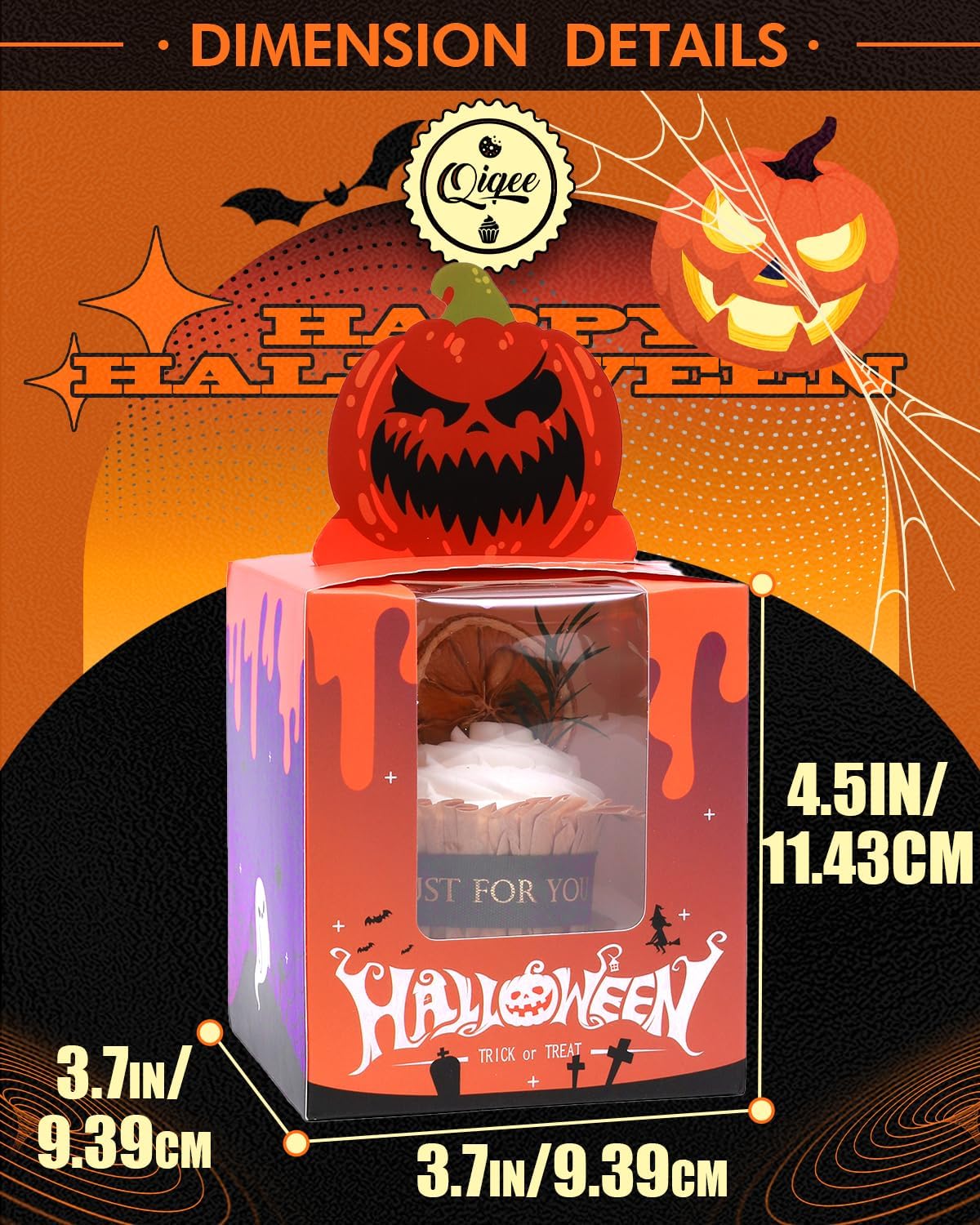 qiqee Halloween Individual Cupcake Boxes Cupcake Holders Disposable 60pcs Single Cupcake Boxes with Window 3.7" 3.7"*4.5" Cupcake Containers For Halloween
