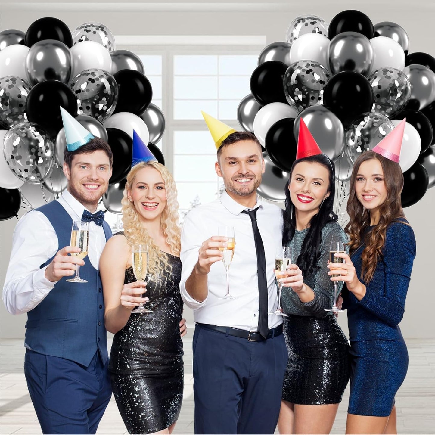 60pcs Black and Silver Balloons 12inch, Black and White Balloons with Metallic Silver Confetti Balloons for Baby Shower Wedding Birthday Graduation Party Decorations