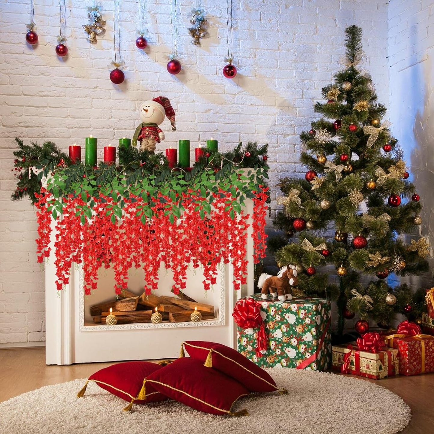 24 Pack Red Wisteria Hanging Flowers, 3.4 Ft Fake Hanging Flowers, Artificial Wisteria Garland Vines for Wedding Room Backdrop Outdoor Patio Garden Decoration