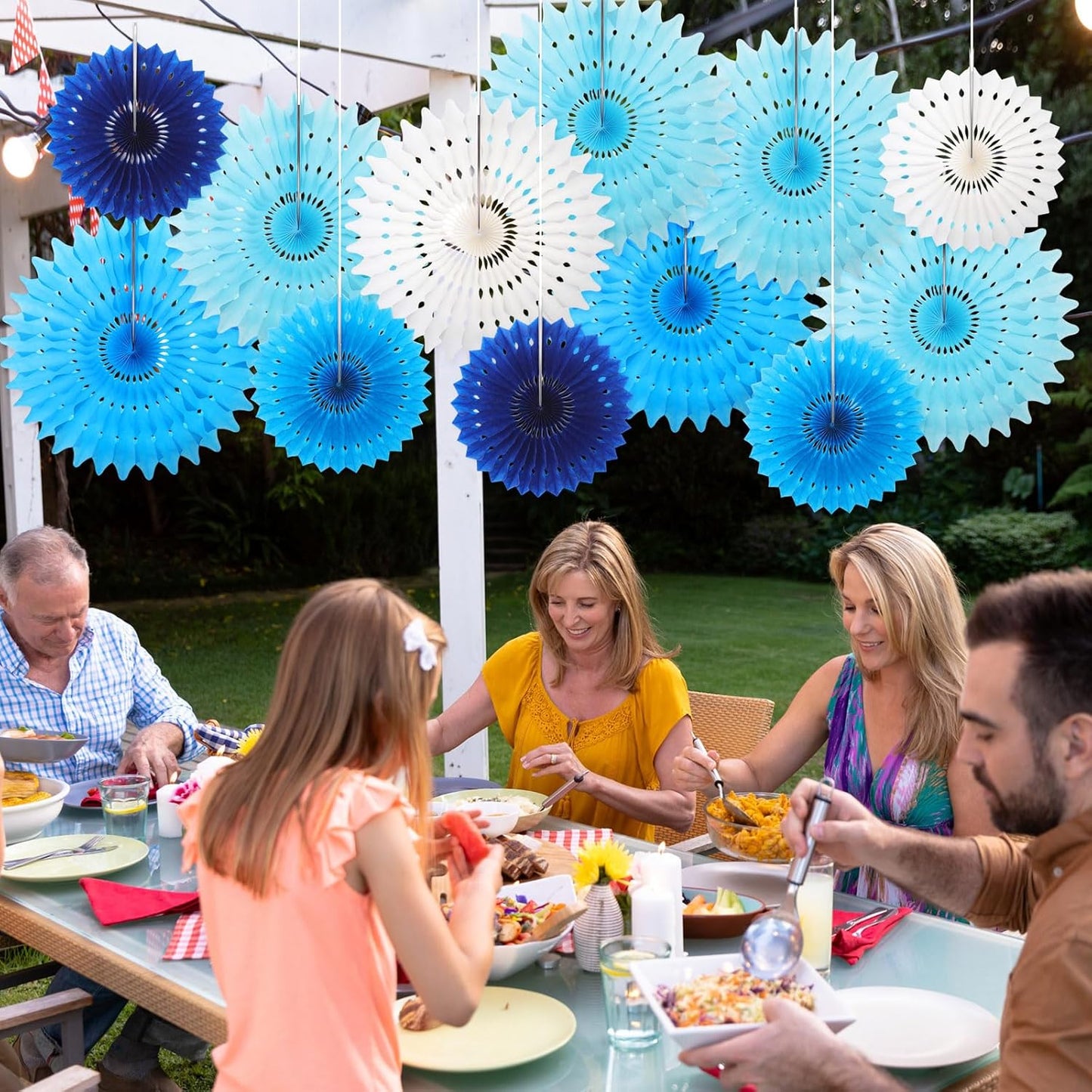 Outus 12 Pcs Hanging Honeycomb Paper Fans Sets, Fiesta Blue and White Party Decorations, Tissue Paper Flowers Supplies for Birthday Wall Classroom Wedding Bridal Photo Backdrop (8/14 Inch)