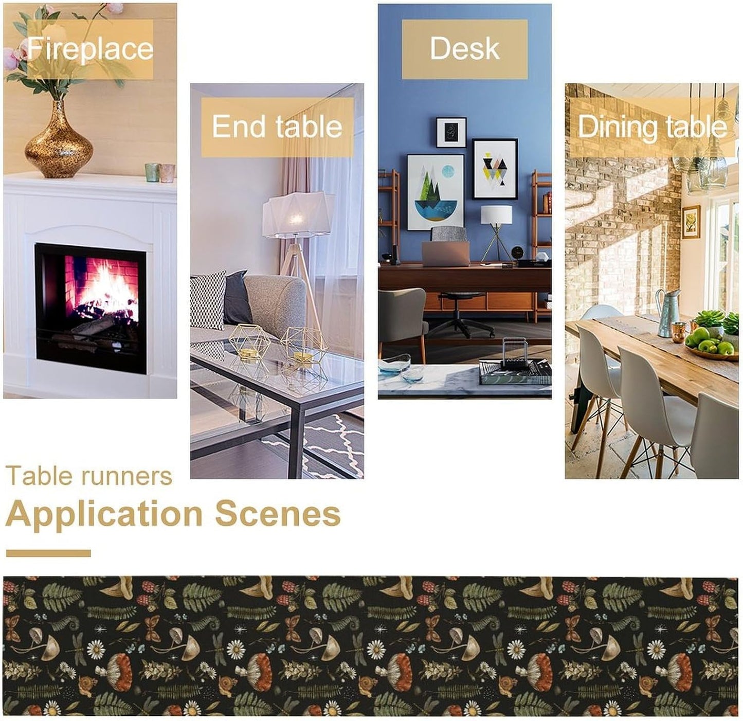 Mushroom Table Runner,Retro Forest Plant Table Runner for Kitchen Dining Table Home Party Decoration 13x90 Inch