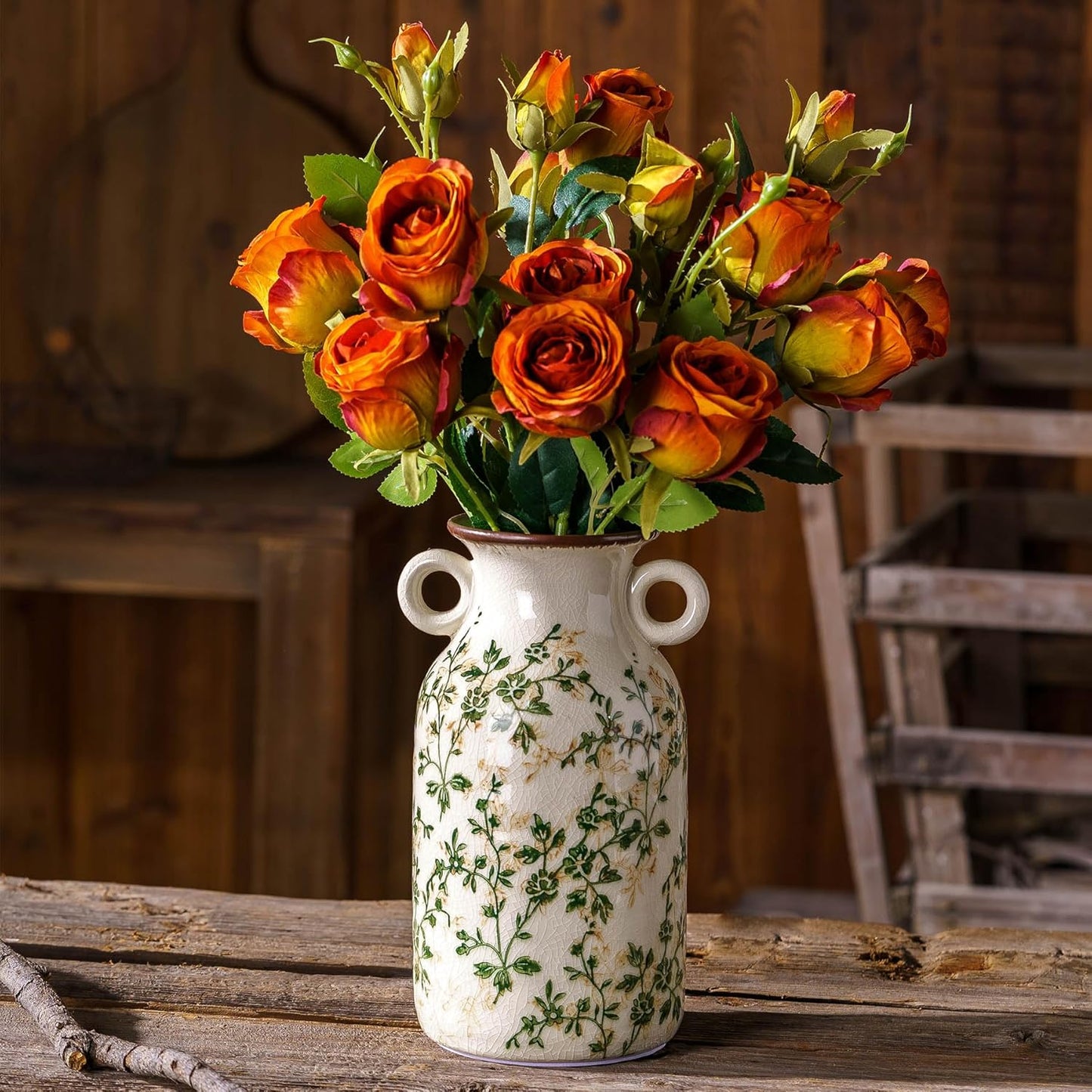 Vintage Pastoral Vase with Handles, Green and Beige Retro Ceramic Flower Vase, Rustic Farmhouse Vases Chinoiserie Floral Large Vase for Home Decor, Living Room, Kitchen, Bedroom and Shelf 9.1 Inch