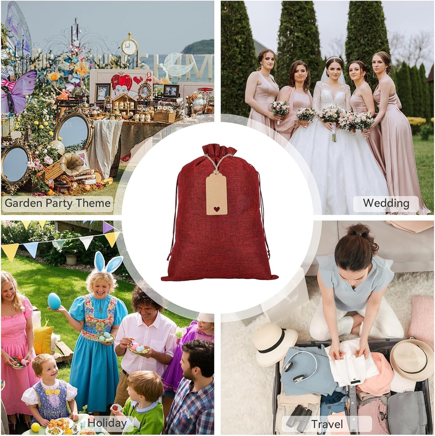 Tapleap Burlap Bags with Drawstring - 10Pcs 10x14 Red Gift Sacks for Wrapping Halloween Favors, Seeds, Root Ball, For Birthday, Wedding, Rustic Themed Party or Household Use