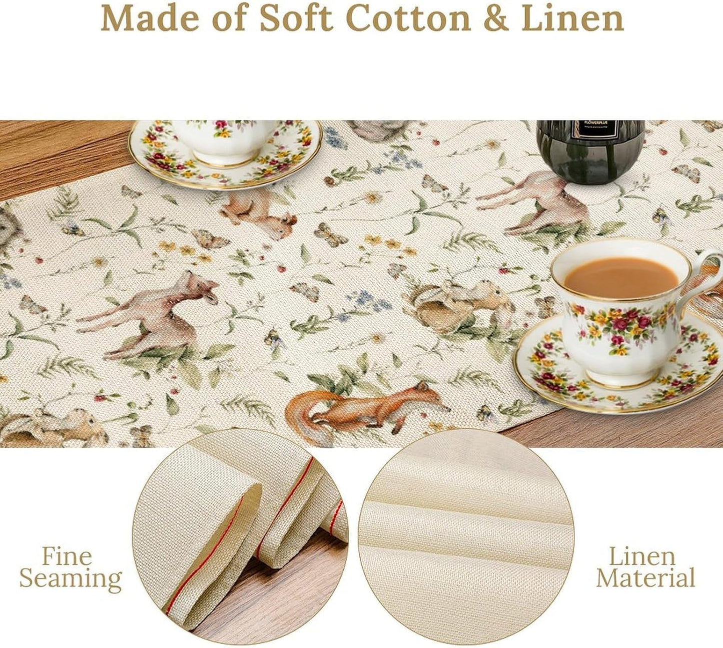 Rustic Woodland Table Runner, Farmhouse Forest Animals Country Lodge Wild Hunt Deer Fox Table Center Decor for Home Kitchen Dining Patio Holiday Party Indoor Outdoor Table Decorations, 13"x90" Inch