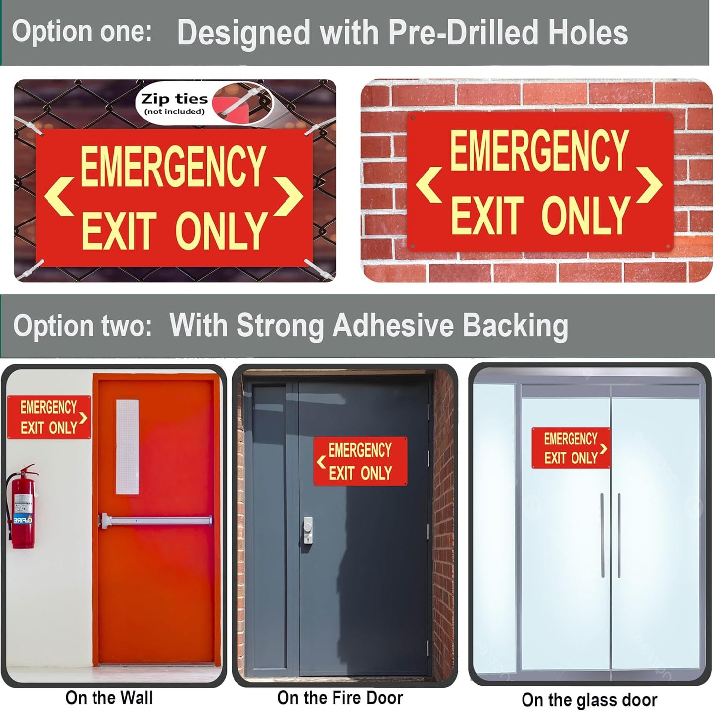 (2Pack) Photoluminescent Emergency Exit Sign Red, Glow In The Dark Aluminum Exit Sign - Adhesive Backing - 4pcs Removable Arrows Included - 14.25 x 7.5 Inches - Non Electrical Exit