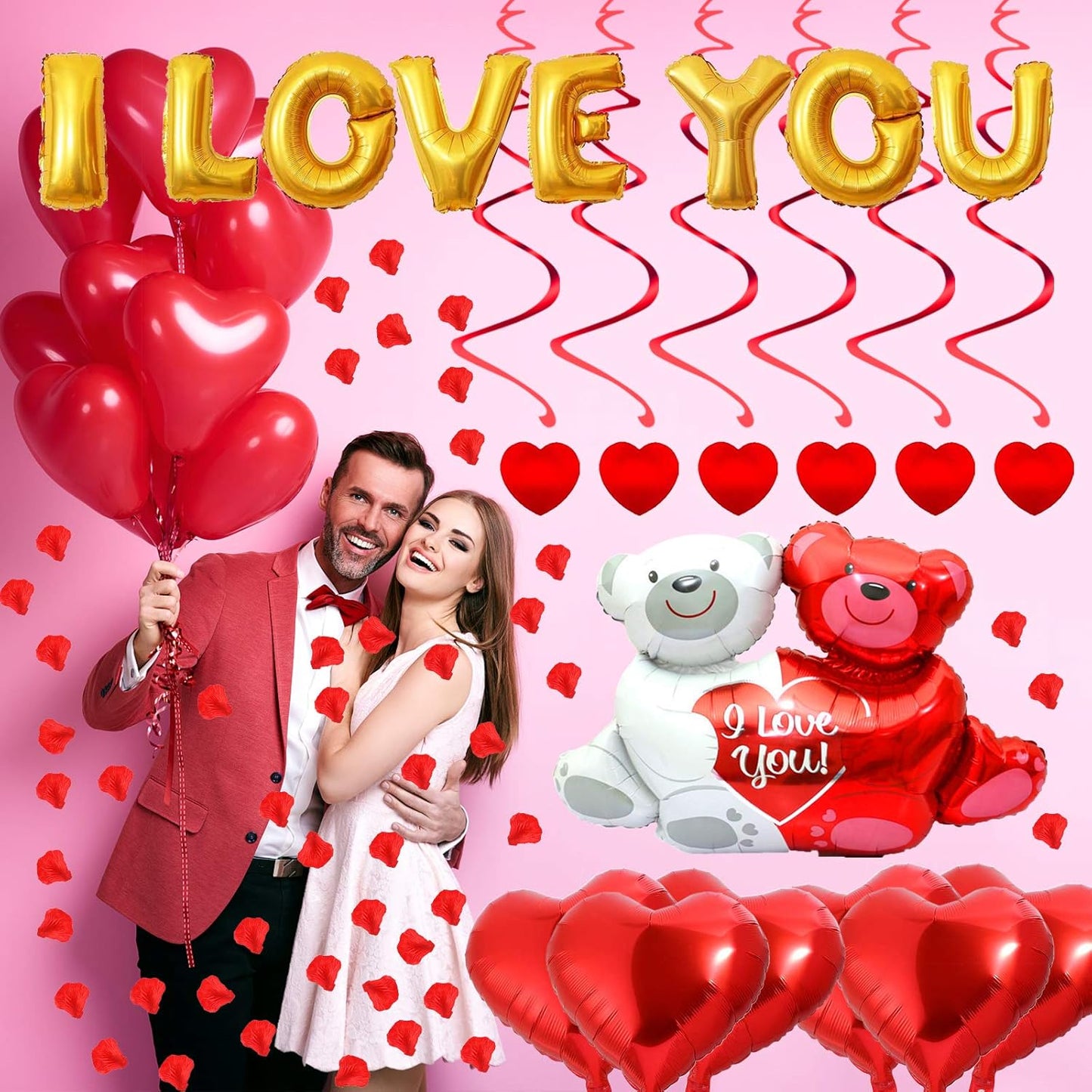 Rainmae I Love You Gold Balloons and Heart Balloons Kit with 1000 Pcs Dark-Red Silk Rose Petals Romantic Flower Decoration Love-Bear Red Heart Balloons for Valentine Day Wedding Party Decorations