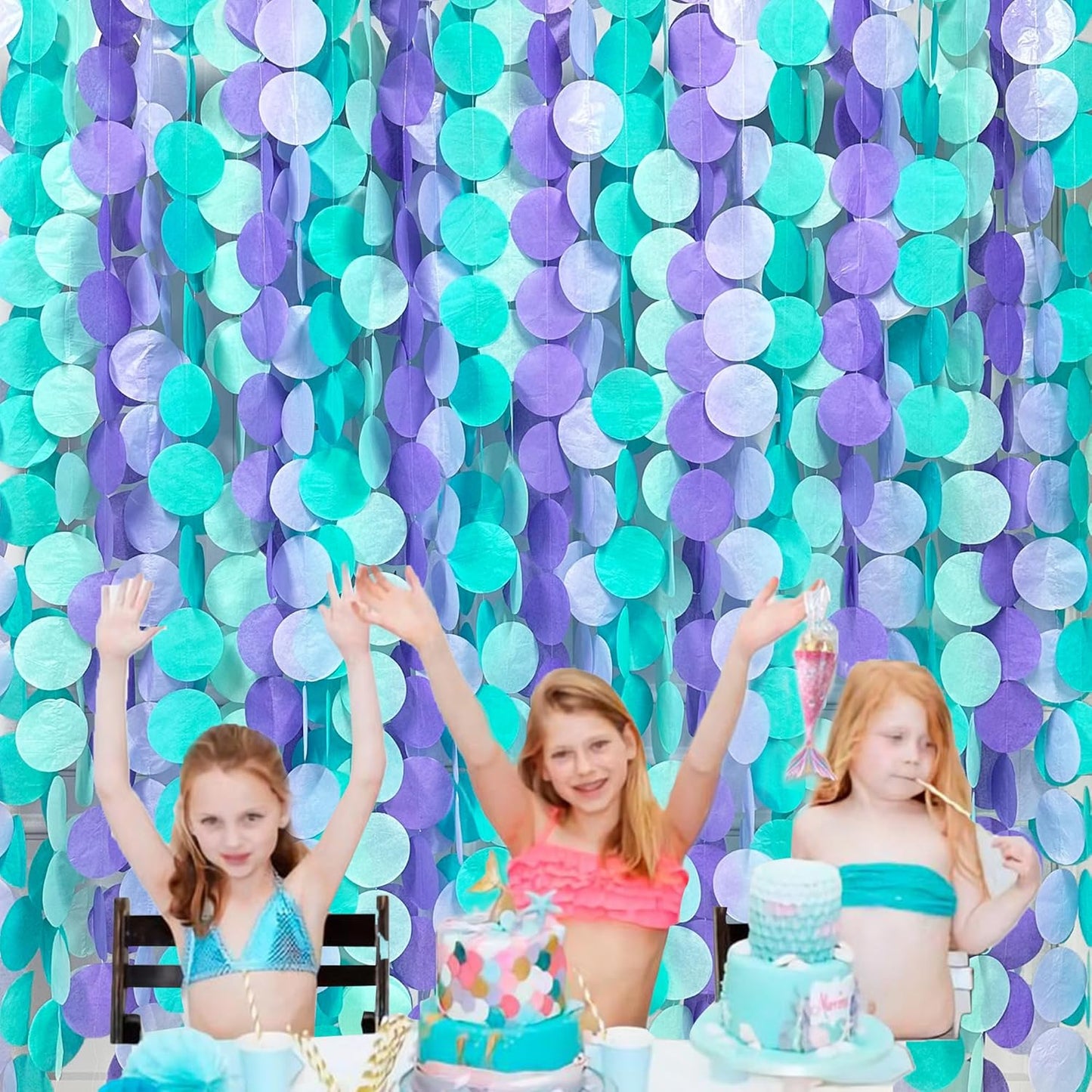 205Ft Purple Teal Big Circle Dot Backdrop Streamer Tissue Paper Polka Dot Hanging Garland for Mermaid Under The Sea Birthday Bachelorette Wedding Baby Shower Engagement Party Decorations Supplies