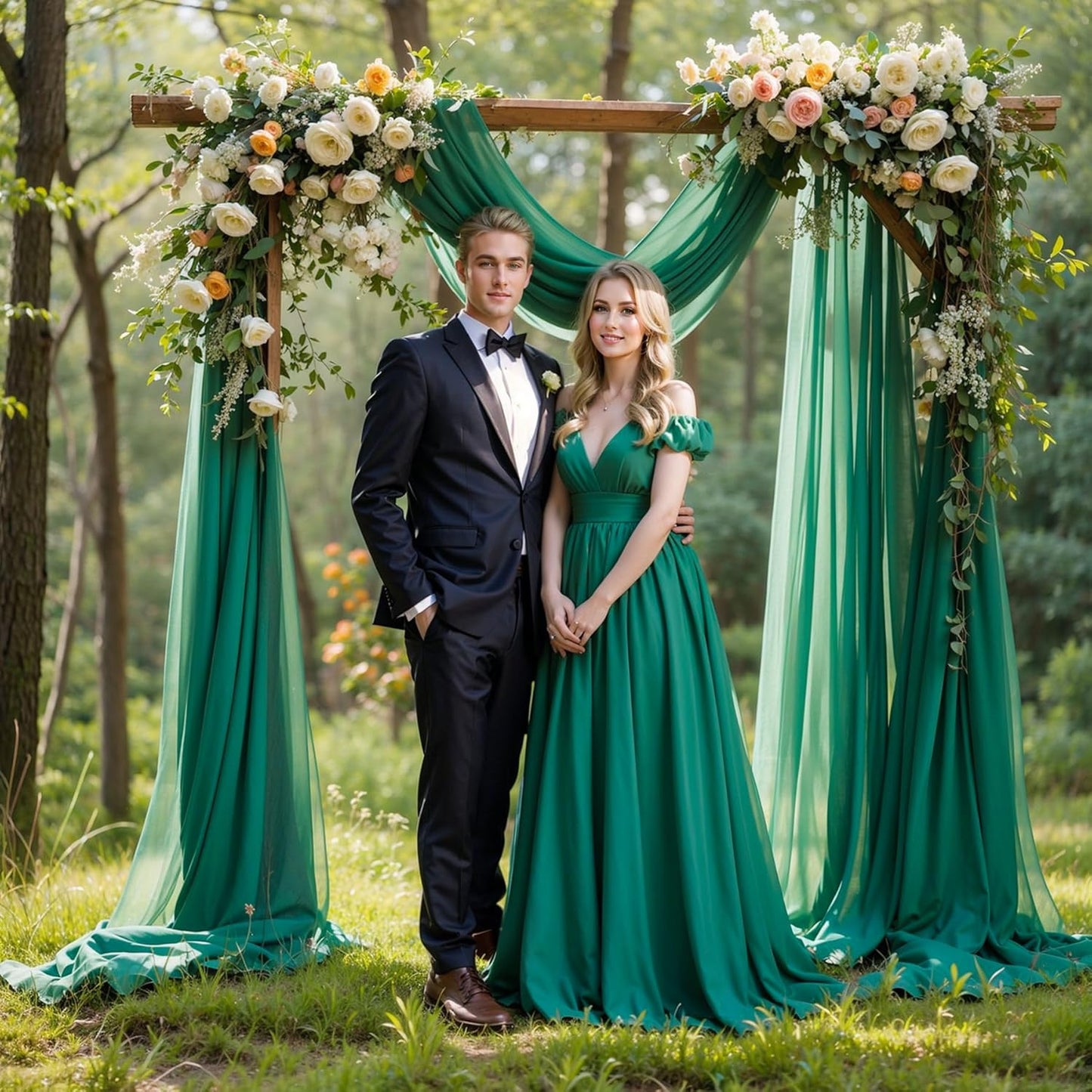 Wedding Arch Draping Fabric,1 Panel 18FT Emerald Green Sheer Chiffon Curtain Drapes 6 Yards for Wedding Ceremony Birthday Party Decoration