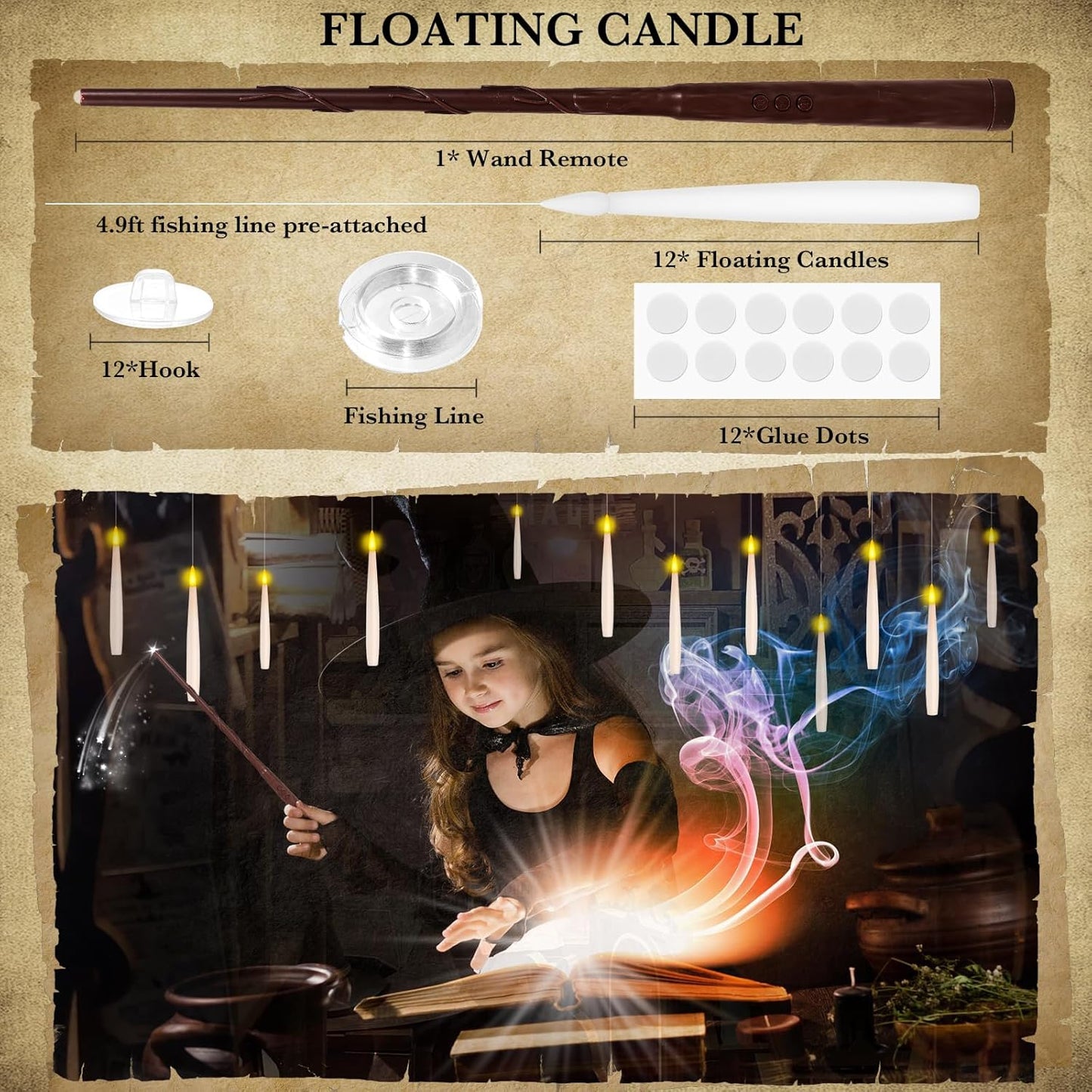 NURADA Floating Candles with Wand Remote Timer - Magic LED Hanging Flameless Taper Candles Flickering Battery Operated for Birthday Theme Party Halloween Home Window Decor - White 12 Pack