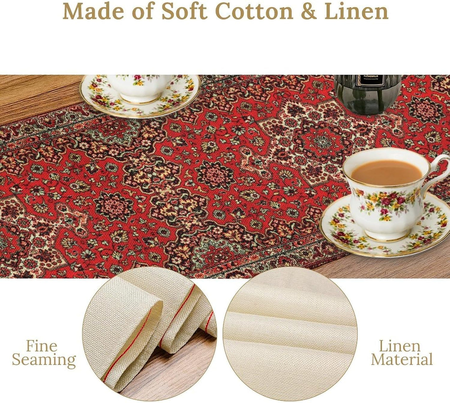 Vintage Boho Floral Table Runner, Rustic Country Farmhouse Red Black Retro Flower Pattern for Home Kitchen Table Decor Dining Coffee Room Party Decor 13x108in