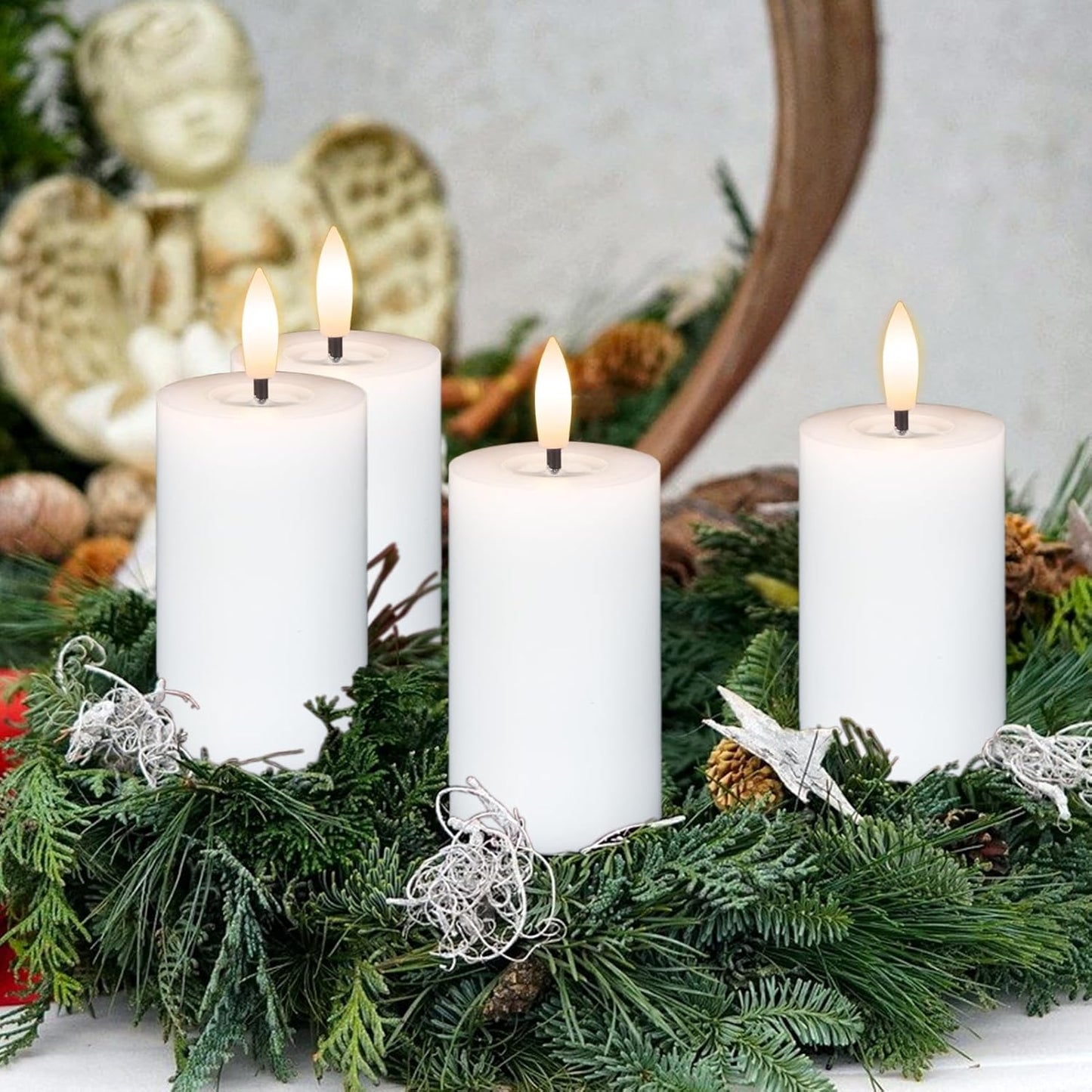 Votive Candles Battery Operated, 6 PCS Real Wax White LED Votive Flemeless Candles with Remote Timer and Flickering 3D Flame, Pillar Candle for Home Wedding Party Decor(1.9” x 4.5”)