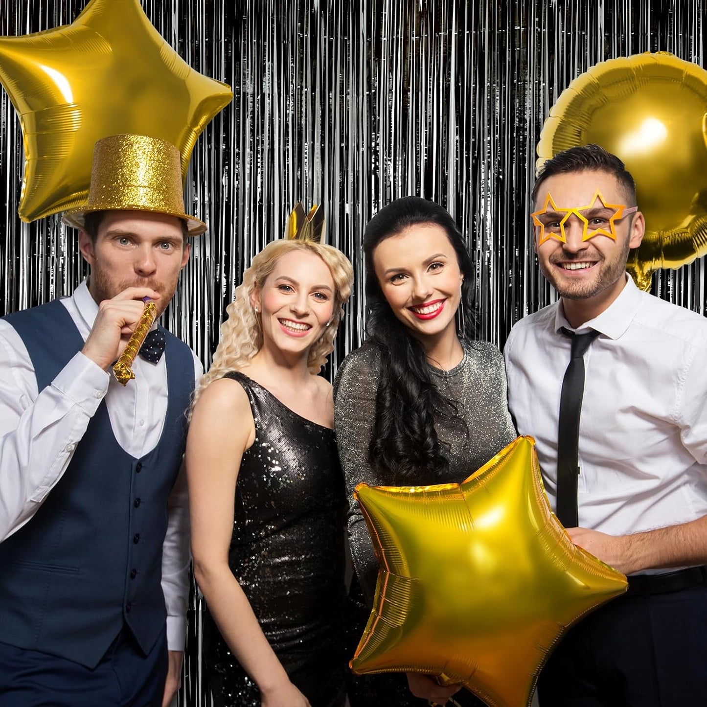 RUBFAC 2 Pack Black Backdrop Party Decorations Tinsel Foil Fringe Curtains Photo Booth Streamer for Halloween Party Decorations New Year Bachelorette Wedding Engagement Birthday Holiday Party Supplies