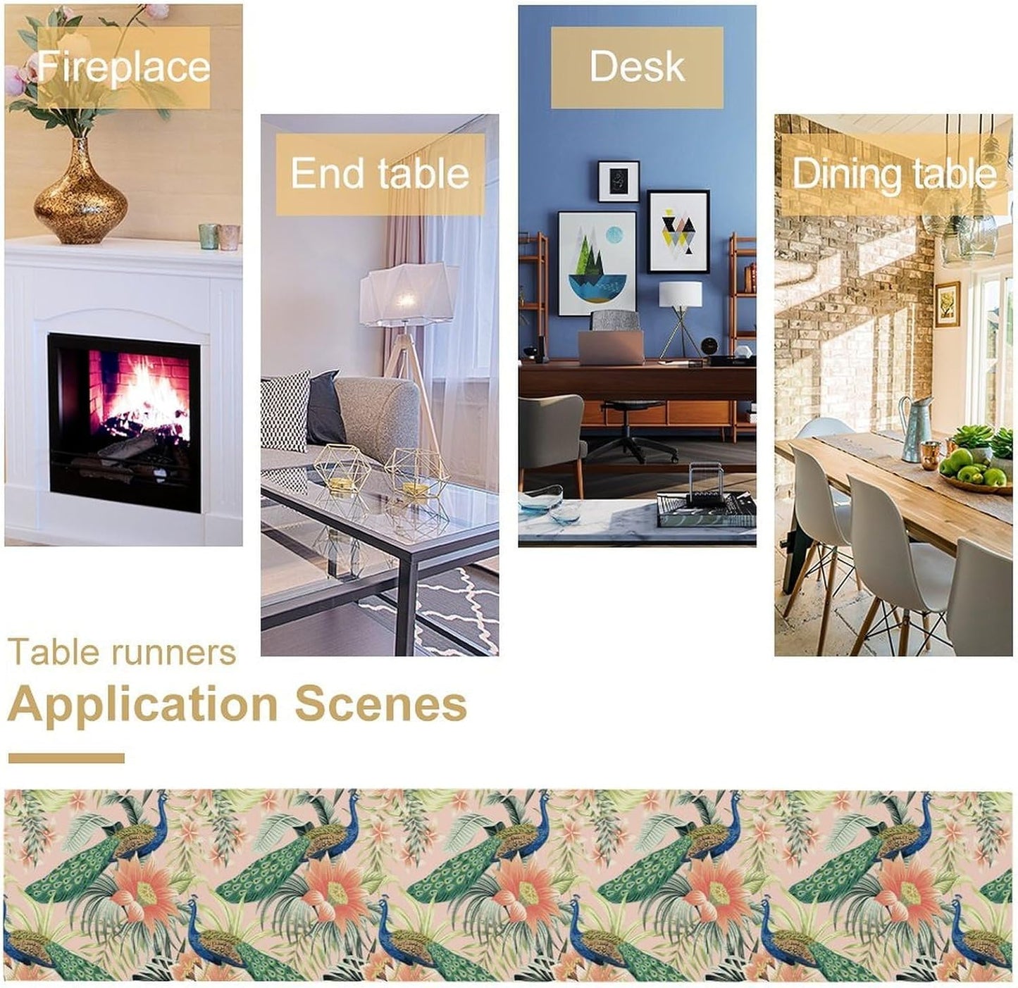 Peacock Table Runner,Pink Flower Peacock Birds Table Runner for Home Kitchen Dining Party Indoor Outdoor Decoration 13x70 Inch