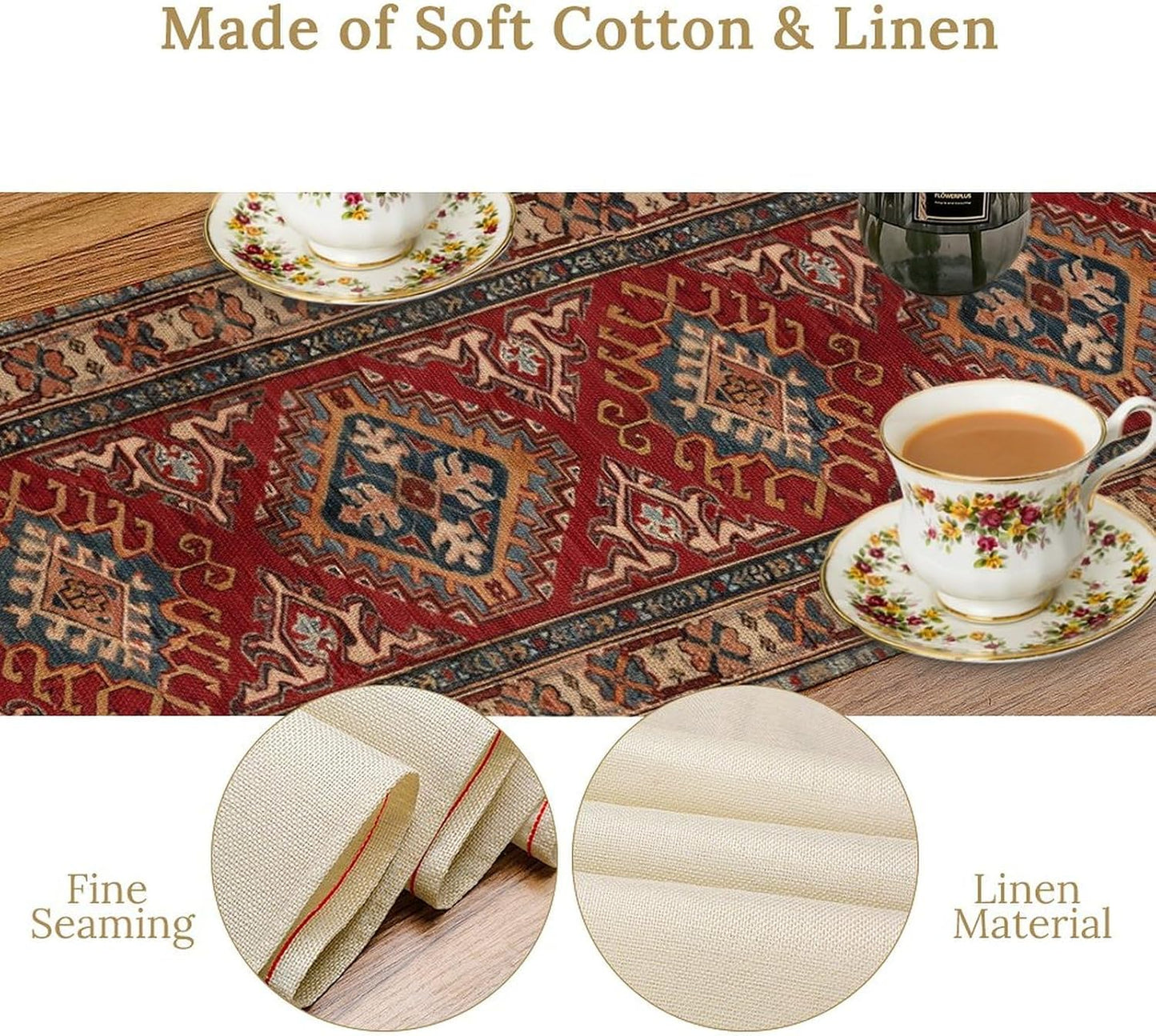 Boho Floral Vintage Table Runner, Red Grey Retro Flower Rustic Country Farmhouse Abstract Pattern for Home Kitchen Table Decor Dining Coffee Room Party Decor 13x36in