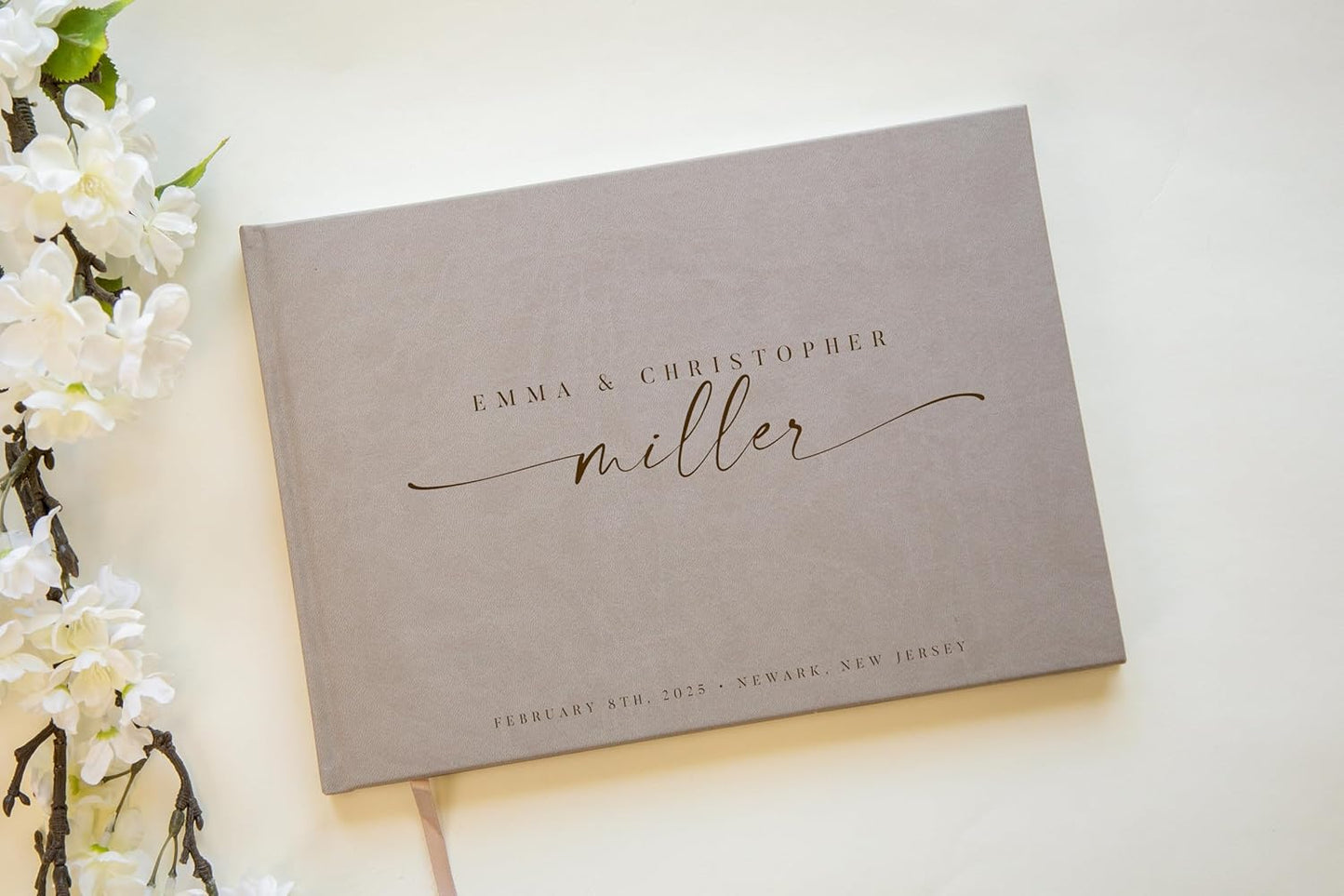 Personalized Guest Book - 11.5" x 8.5" Custom Bride & Groom Names with Bookmark and Hard Cover 140 GSM Blank Pages, for Weddings Guest Book, Engagements, Birthdays, Special Events, Taupe