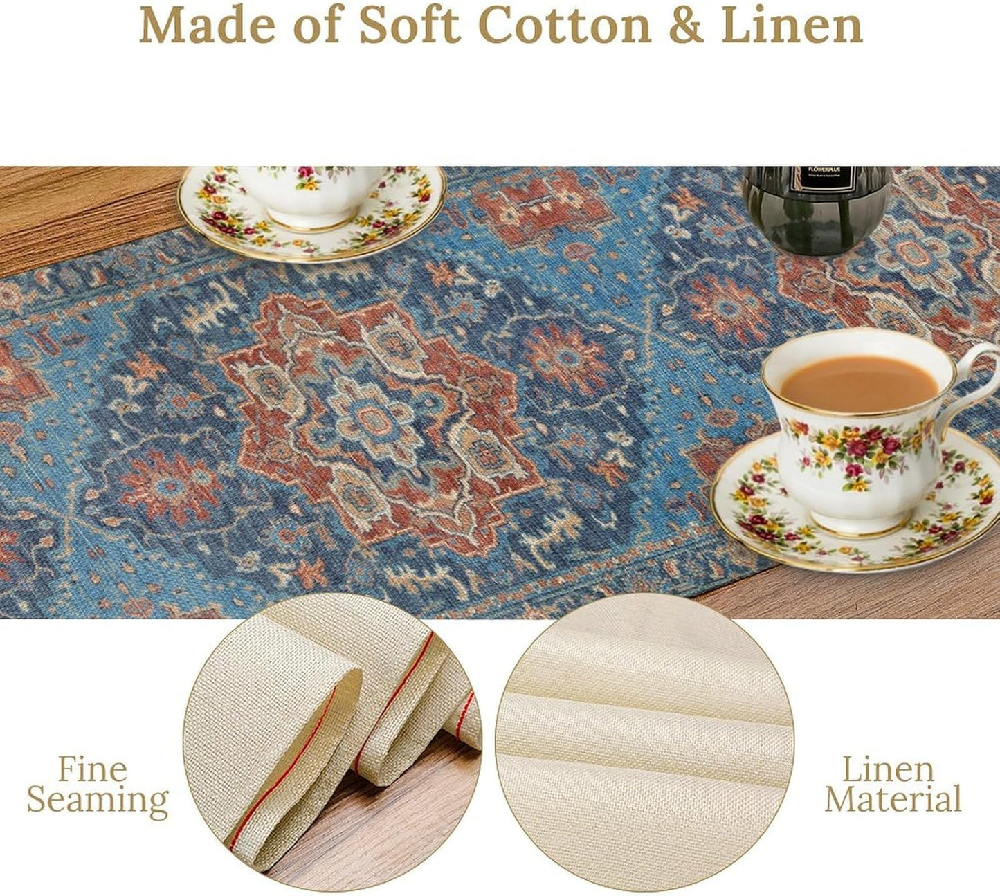 Boho Floral Vintage Table Runner, Retro Abstract Blue Flower Rustic Country Farmhouse Pattern for Home Kitchen Table Decor Dining Coffee Room Party Decor 13x120in