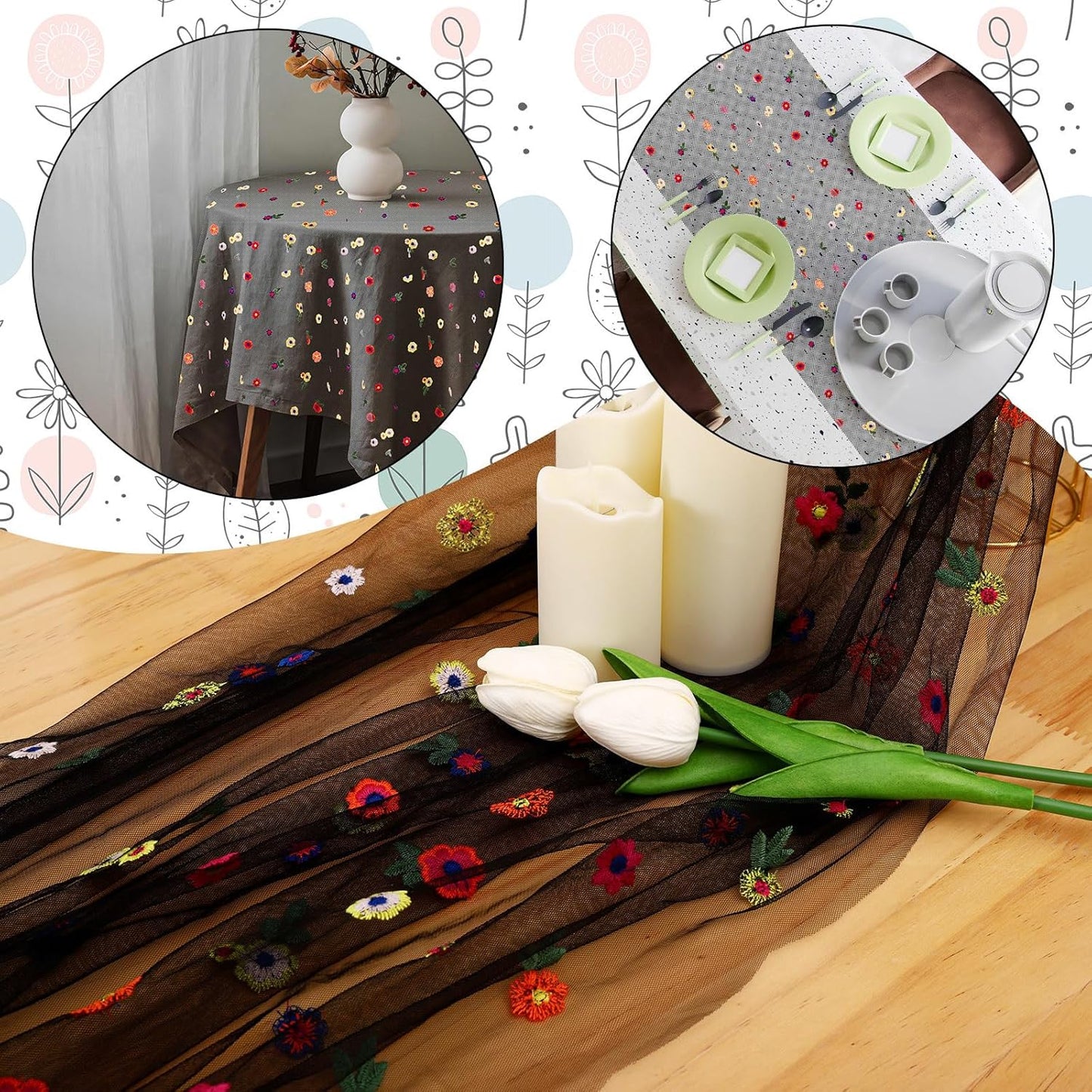 BINBE 6pcs Black Daisy Fall Table Runner Embroidery Gauze 10FT Florals Seasonal Tulle Holiday Birthday Kitchen Dining Table Decor for Home Party