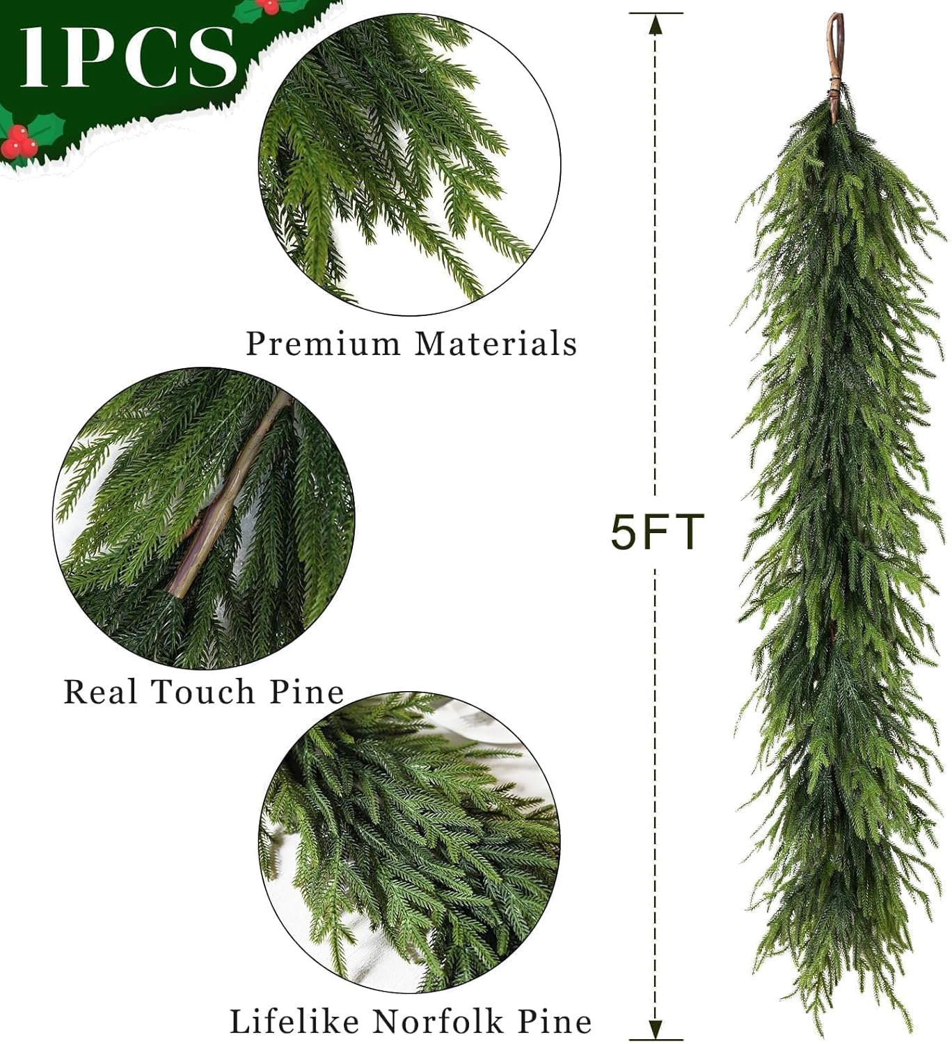5FT Christmas Artificial Norfolk Pine Garland for Fireplace - Realistic Faux Greenery Fake Garland for Holiday,Table, Window,Mantel,Stairs, Home,Indoor Outdoor Decor (1PCS)