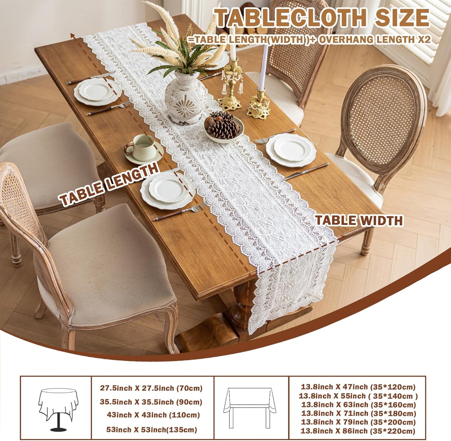 White Elegant Vintage Lace Table Runner,Wedding Lace Decor with Floral Embroidery,Tea Party Decor (White, 13.8X86 Inches)