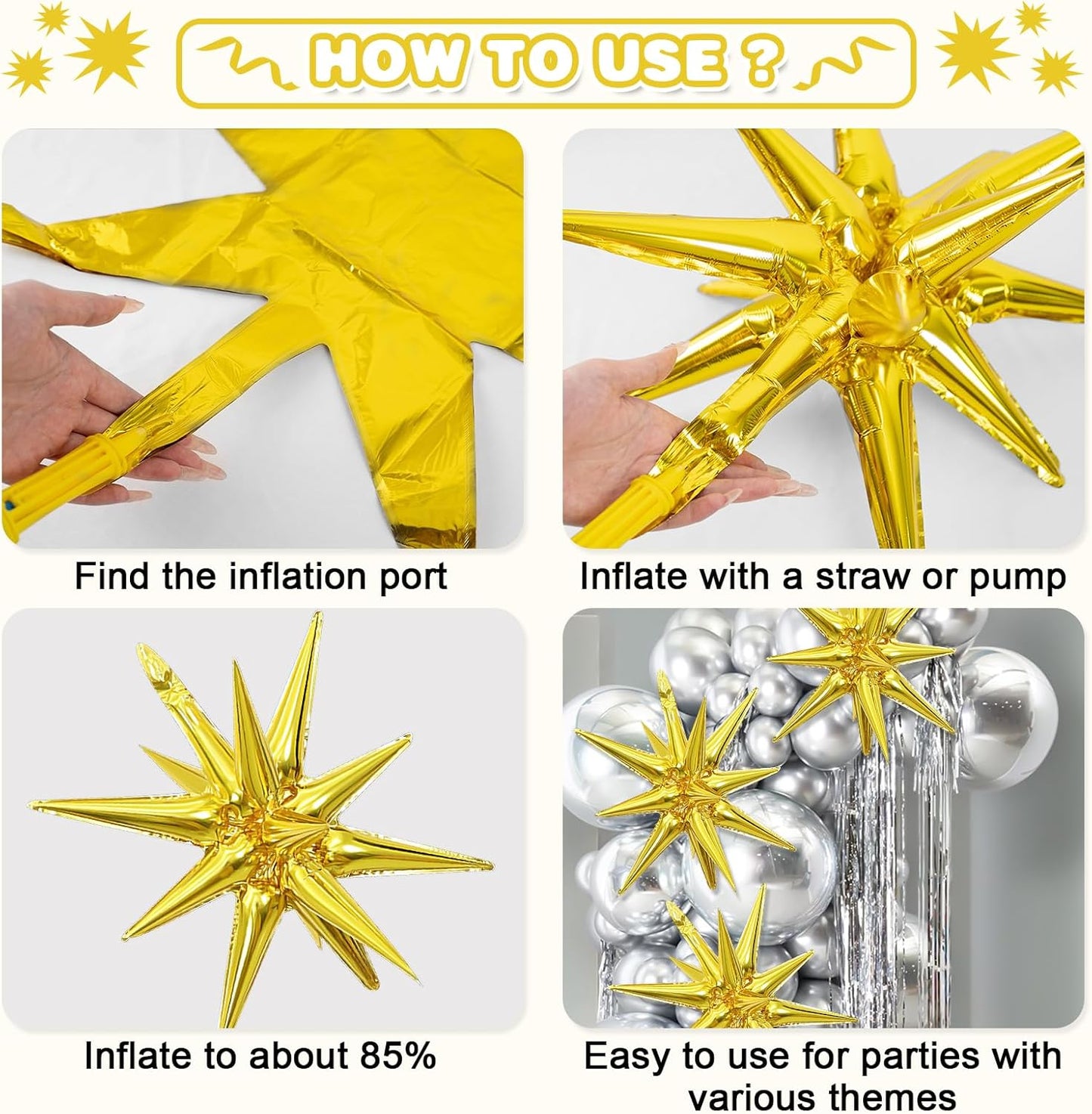 Black Gold Silver Star Balloons,9Pcs 22Inch Black Silver Gold Explosion Spike Cone Helium Polyester Film Star Foil Balloons for Birthday Anniversary Baby Shower Disco Party Decorations