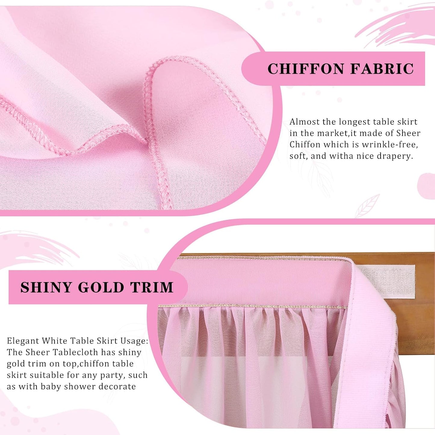 QueenDream Pink Sheer Table Skirts 14ft Chiffon Tablecloth for Rectangle Tables for Baby Shower Birthday Party Wedding Decorations