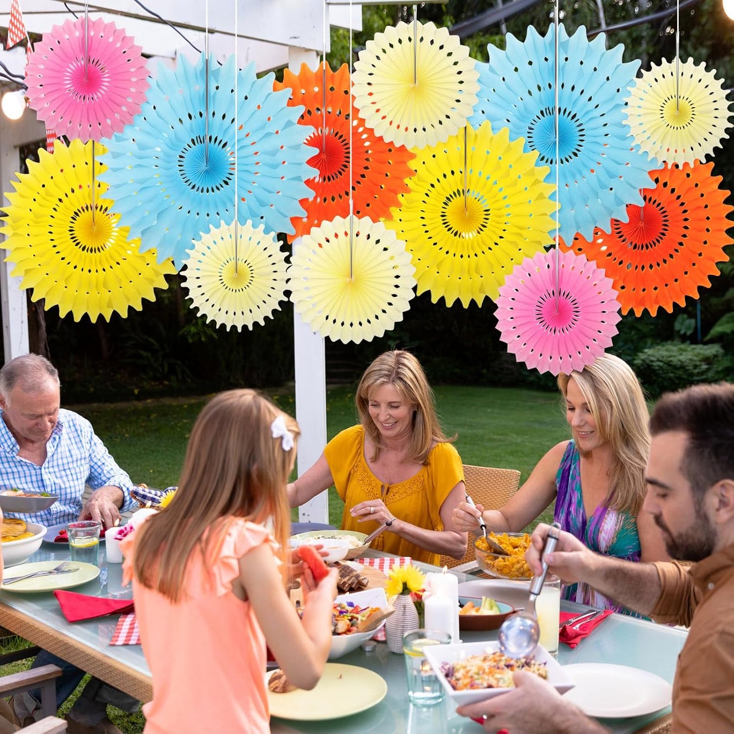 Outus 12 Pcs Hanging Honeycomb Paper Fans Sets, Fiesta Pastel Party Decorations, Tissue Paper Flowers Supplies for Birthday Wall Classroom Wedding Bridal Photo Backdrop (16/14/8/6 Inch)