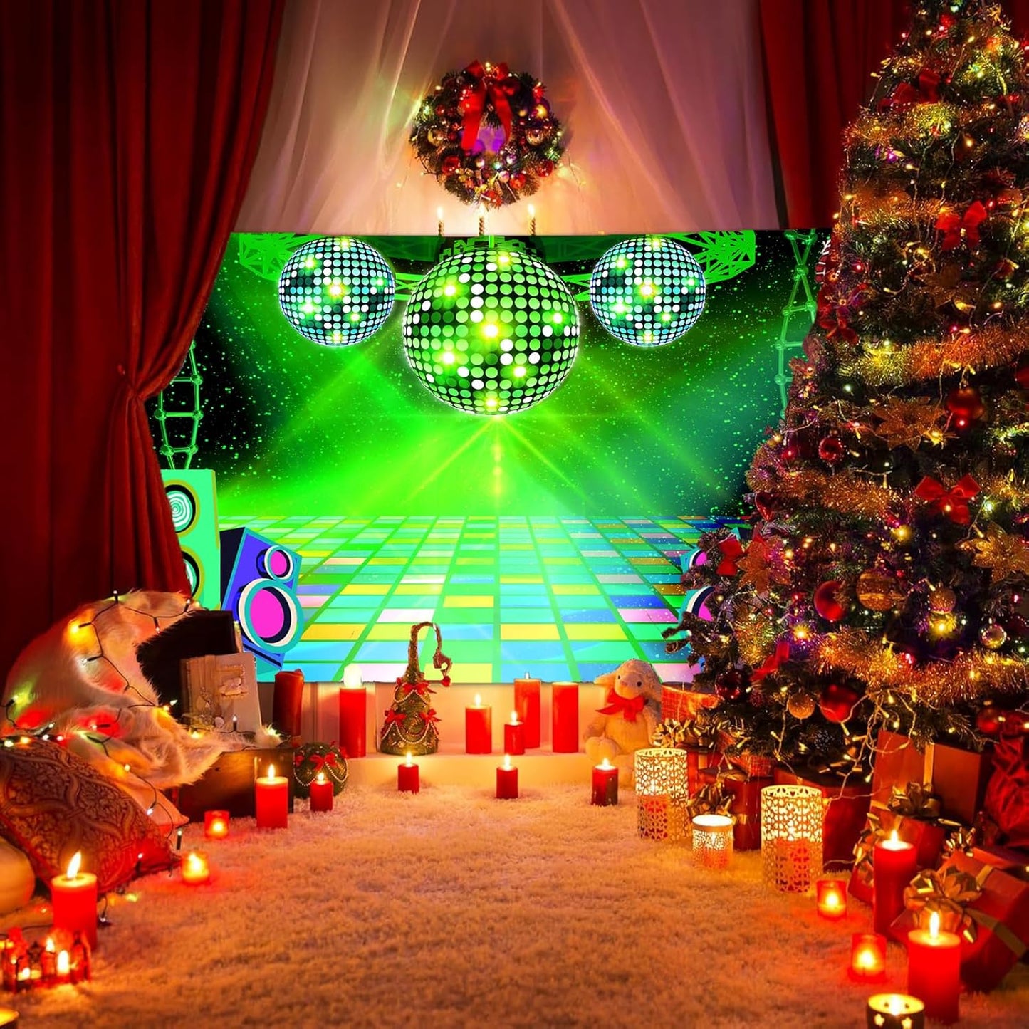 Dance Party Backdrop Retro 80s 90s Theme Stage Dance Ball Music Birthday Party Decoration DJ Photography Background 5 x 3 ft for Baby Shower Picture Photo Shoot Polyester Fabric, Green