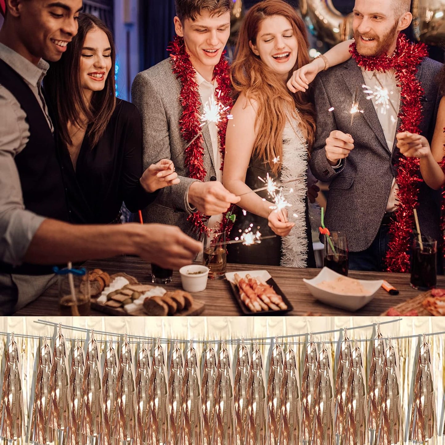 6P Champagne Gold Foil Fringe Metallic Tassel Streamers Banner Tassel Garland for Parade Floats, Bachelorette, Wedding, Birthday, Graduation, Christmas, Bridal/Baby Shower Party Decorations