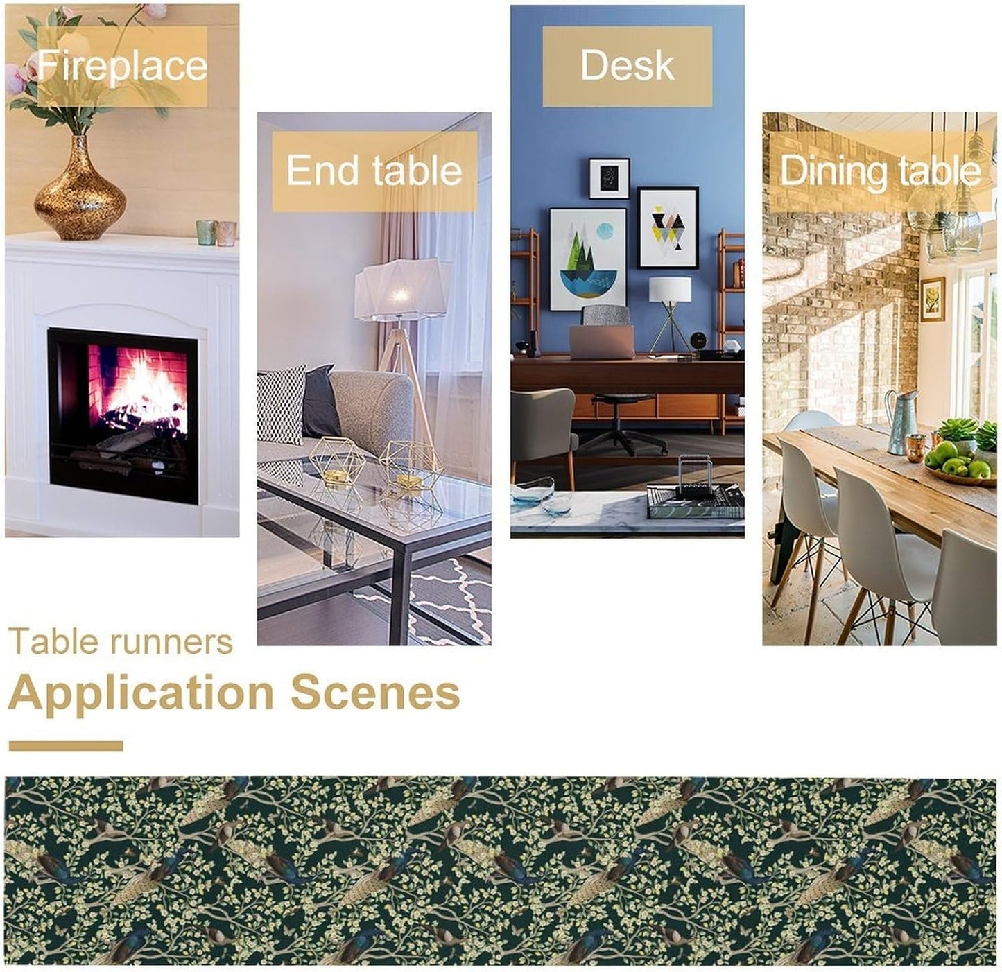 Peacock Table Runner,Retro Floral Plants Peacock Table Runner for Home Kitchen Dining Party Indoor Outdoor Decoration 13x120 Inch