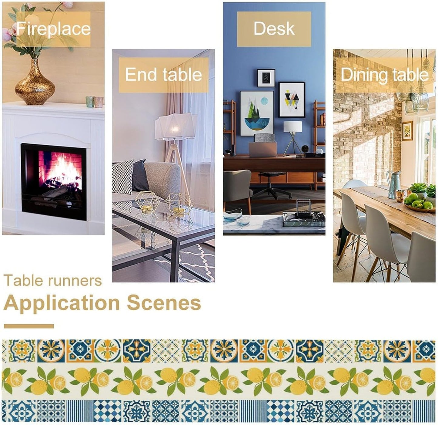 Lemon Table Runner,Watercolor Blue Fruits Green Leaves Print Table Cloth Kitchen Dining Table Home Party Decoration 13x36 Inch