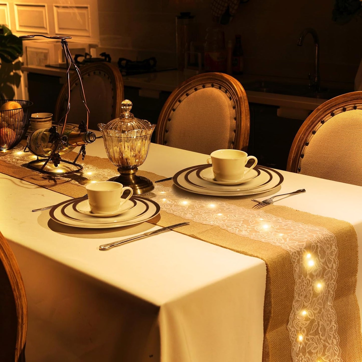 Xinnun 6 Pack Burlap Table Runner with LED String Lights, Modern Rustic Lace Natural Vintage Boho Jute Wedding Table Decor for Farmhouse Thanksgiving Christmas(Classic Style,12x108 Inches)