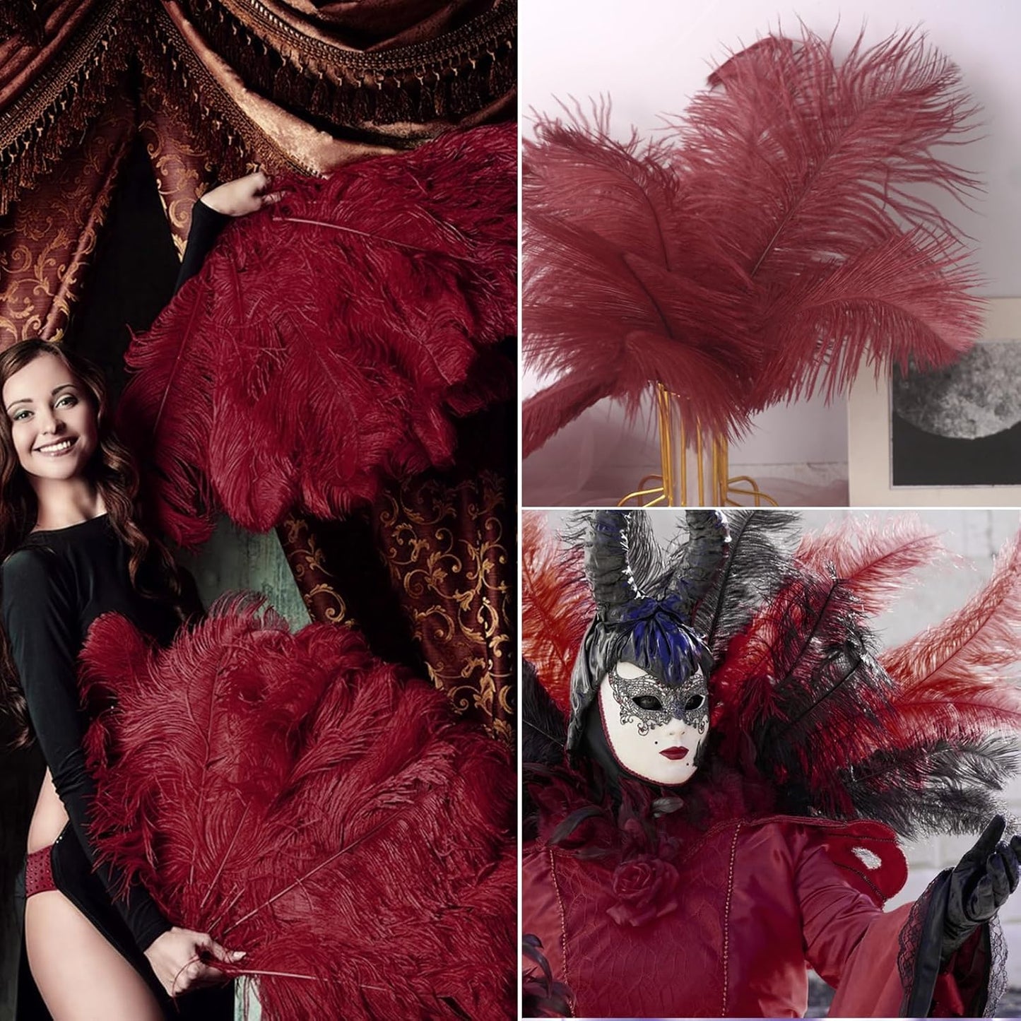 NEWONG 30pcs Wine red Ostrich Feathers Natural Bulk 8-10in(20-25cm) Vase Craft Wedding Home Party Centerpieces Christmas Day Decoration