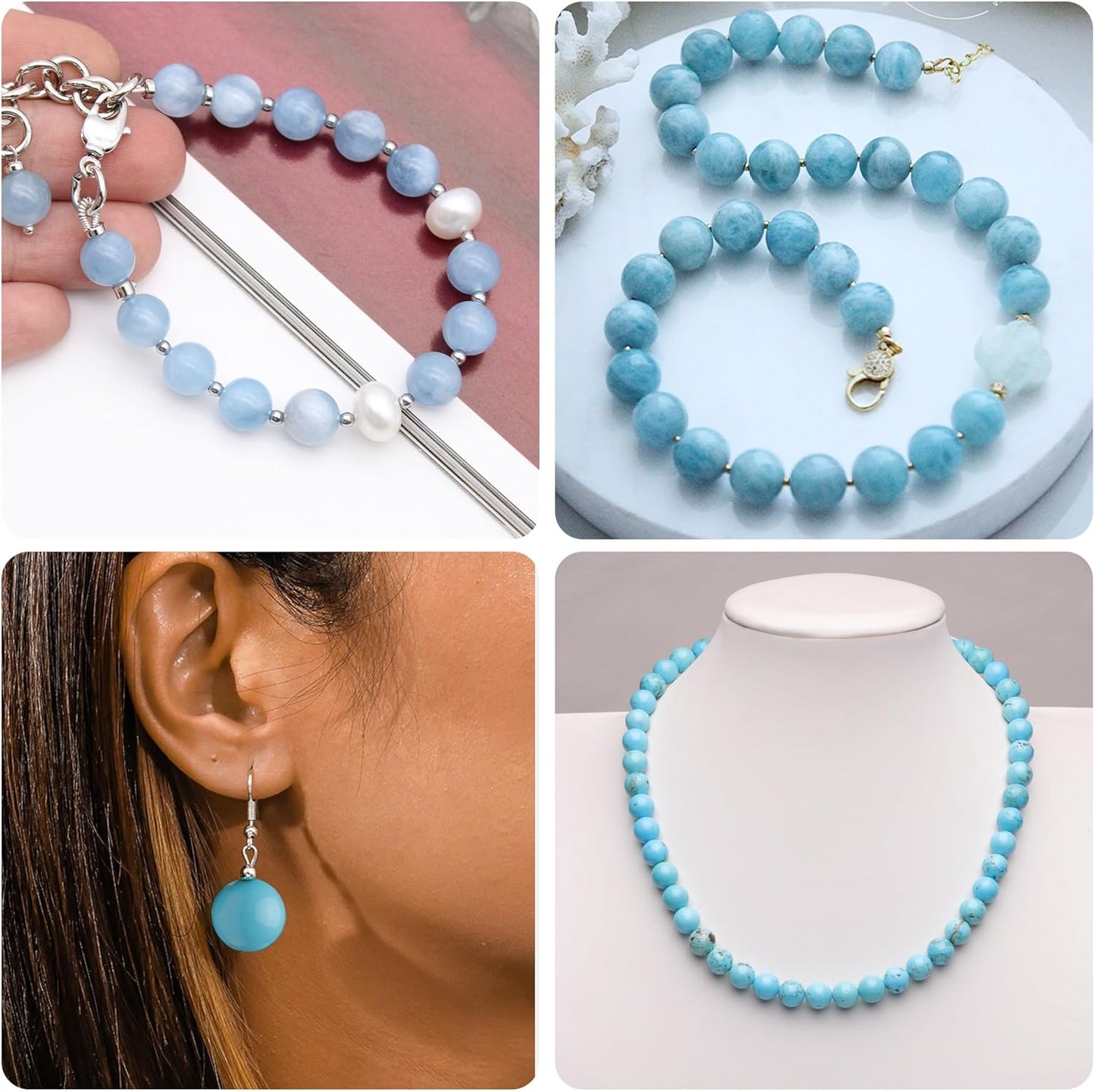 8mm Natural Stone Beads for Jewelry Making,Aquamarine Polished Smooth Round Gemstone Beads for Bracelet Necklace 15 Inch