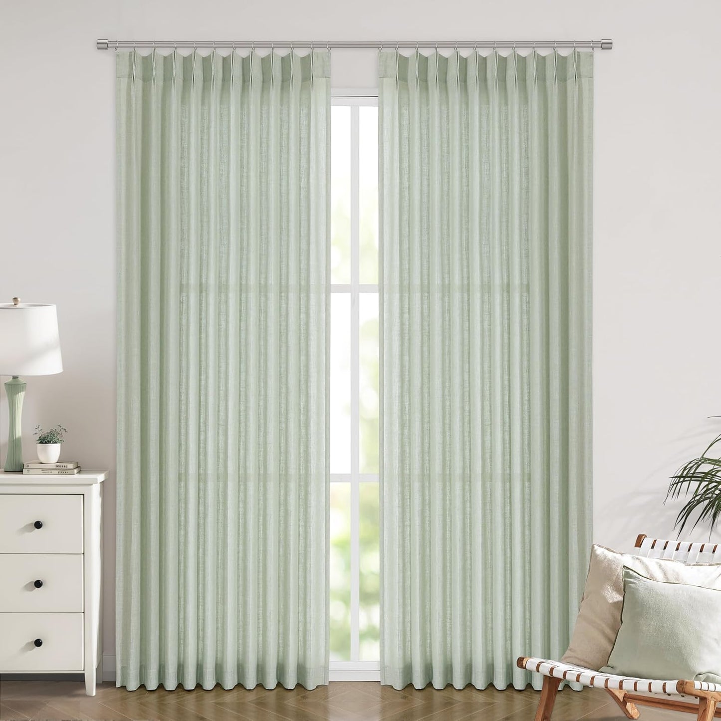 Vision Home Soft Green Pinch Pleated Semi Sheer Curtains Textured Linen Blended Light Filtering Window Curtains 72 inch for Living Room Bedroom Patio Pinch Pleat Drapes with Hooks 1 Panel 60" Wx72 L