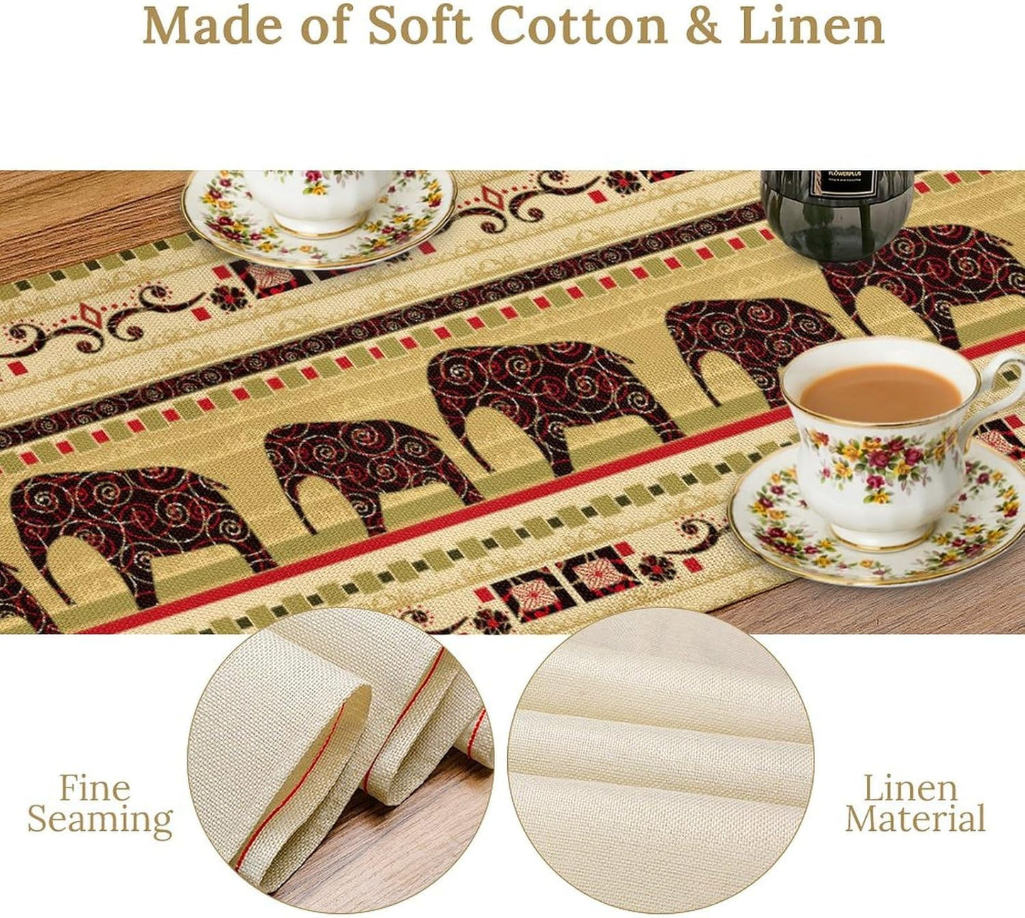 Boho Elephant Table Runner, Vintage Tribal Traditional Bohemian African Animals Ethnic Folk Table Center Decor for Home Kitchen Dining Patio Holiday Party Indoor Table Decorations, 13"x108" Inch