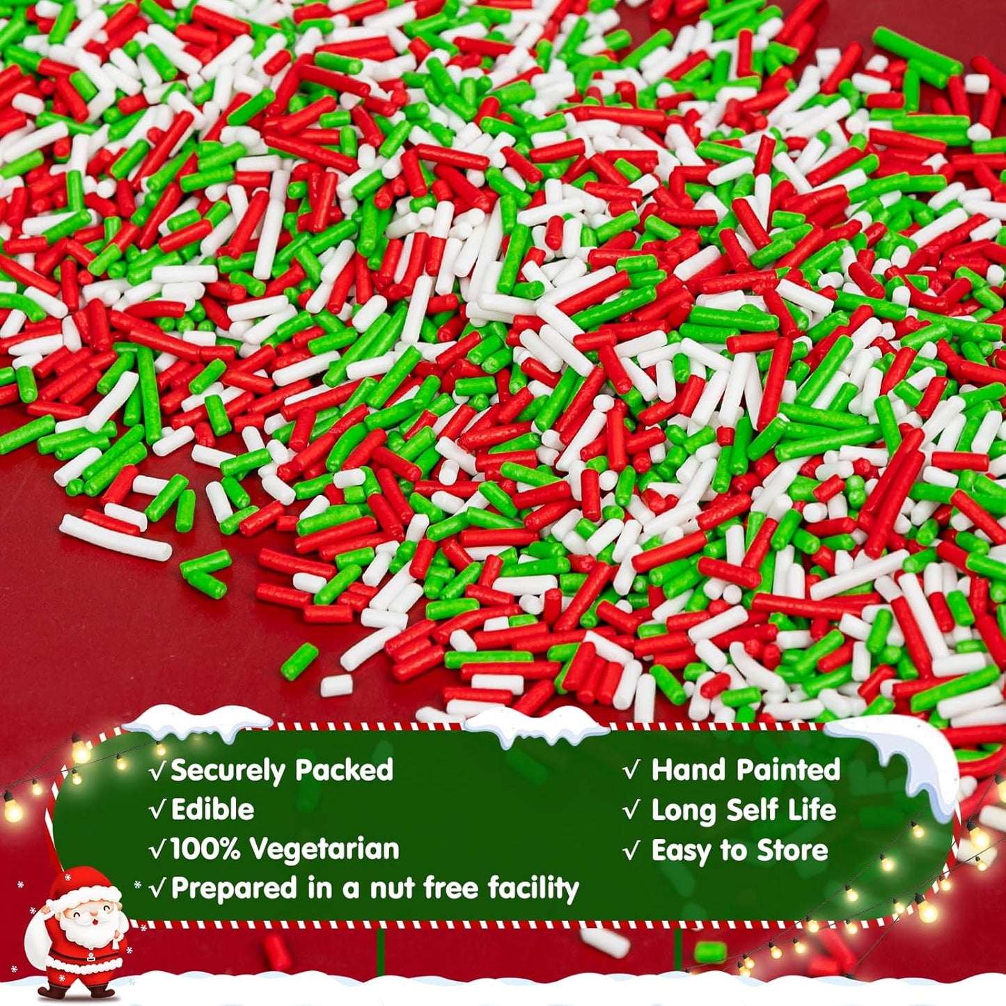 Christmas Sprinkles for Cake Decorating,100g White Red and Green Jimmies Mix,Edible Sugar Holiday sprinkle for Cupcake Toppers, Cookie, Ice Cream Decorations Christmas Party