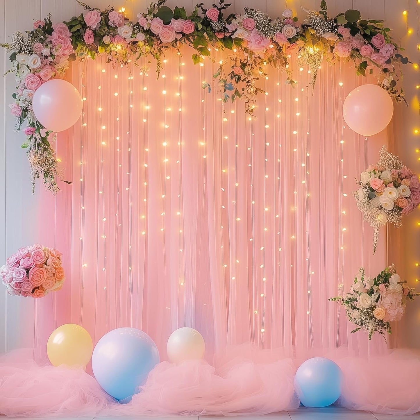 Tulle Backdrop Curtain with Lights String 10FT X 8FT Peach Sheer Tulle Backdrop Curtains for Wedding Birthday Party Reception Photo Booth Background Decorations (2 Panels 5x8FT)