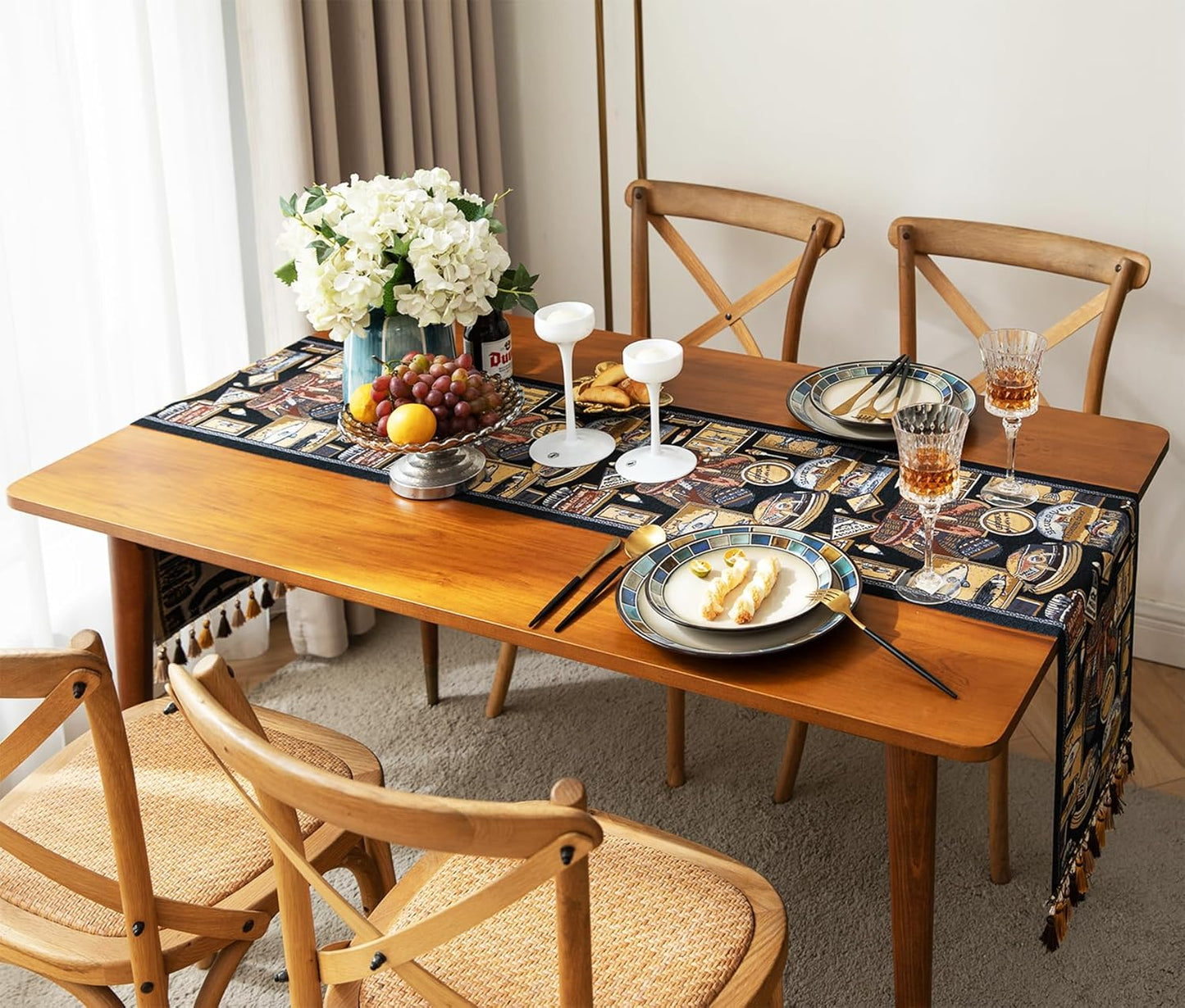 13×72 Inch Table Runner, Retro-Luxury Tassels Series for Kitchen Dining Table Holiday Decoration (Yankee Style)