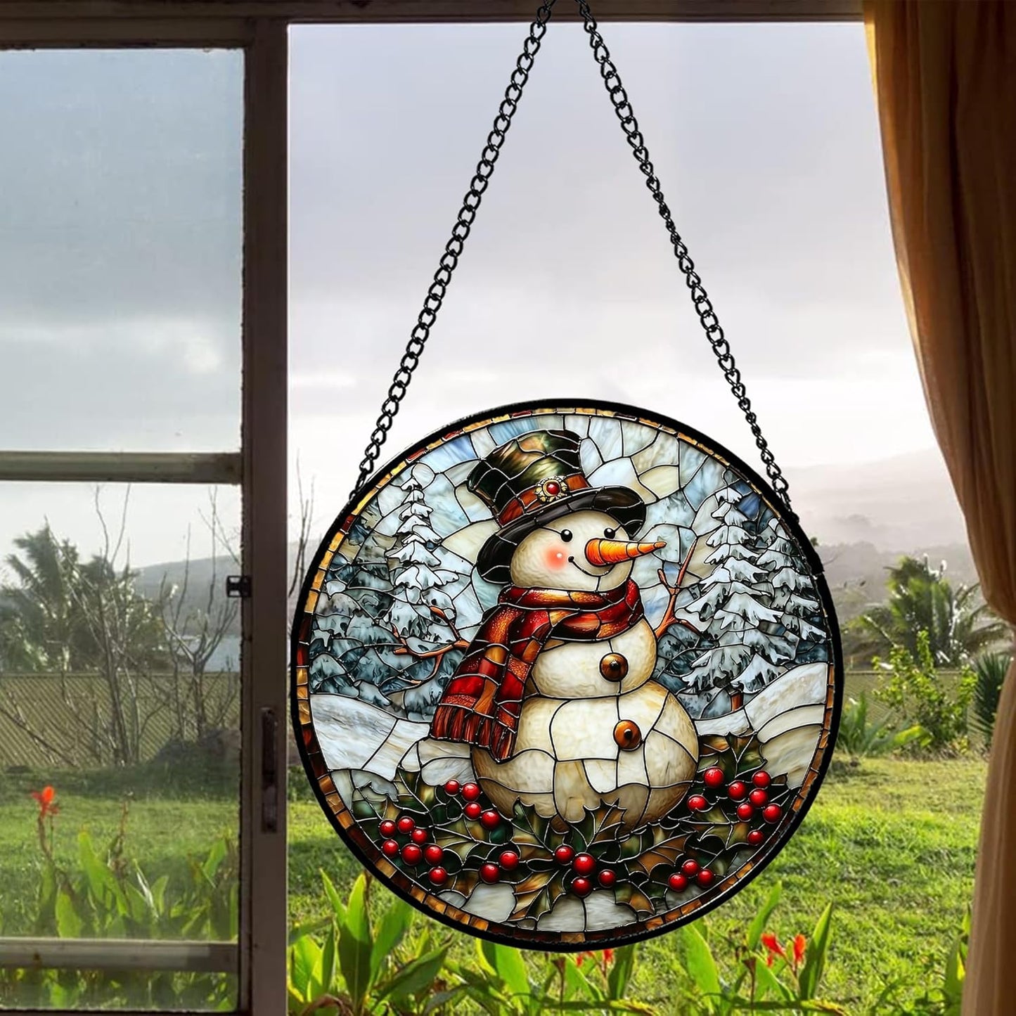 Stained Glass Window Hanging - Christmas Snowman Suncatcher for Door Terrace Garden Home Decor Winter Forest Snow Sun Catcher Birthday Gifts for Lovers Women Men Dad Mom Nana 6.3 in