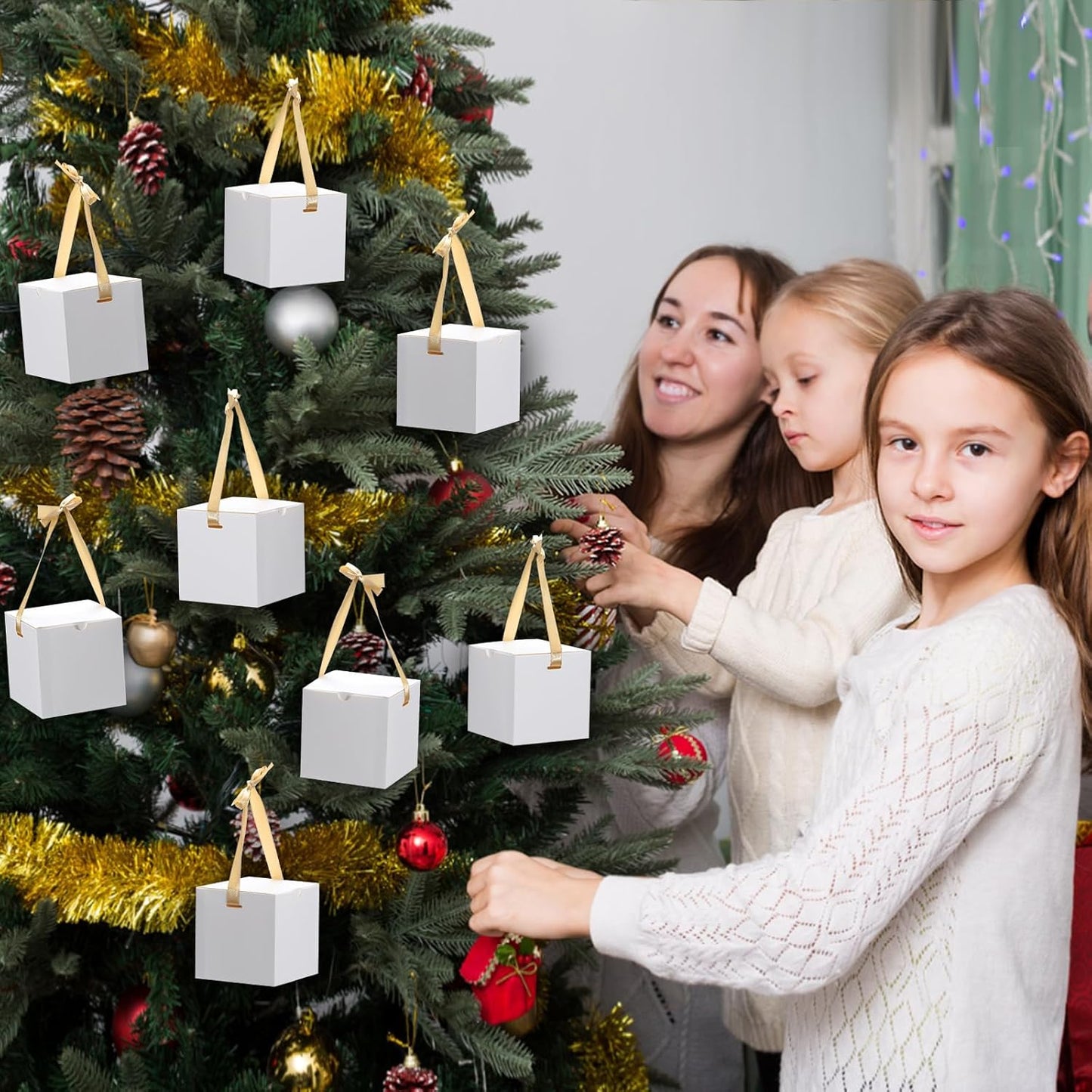 DOYIDE 60 Pcs Small Gift Boxes, 3x3x3 inches Kraft Paper Gift Box with Ribbons, White Candy Boxes for Christmas Wedding Favors Baby Shower Bridal Shower Birthday Party