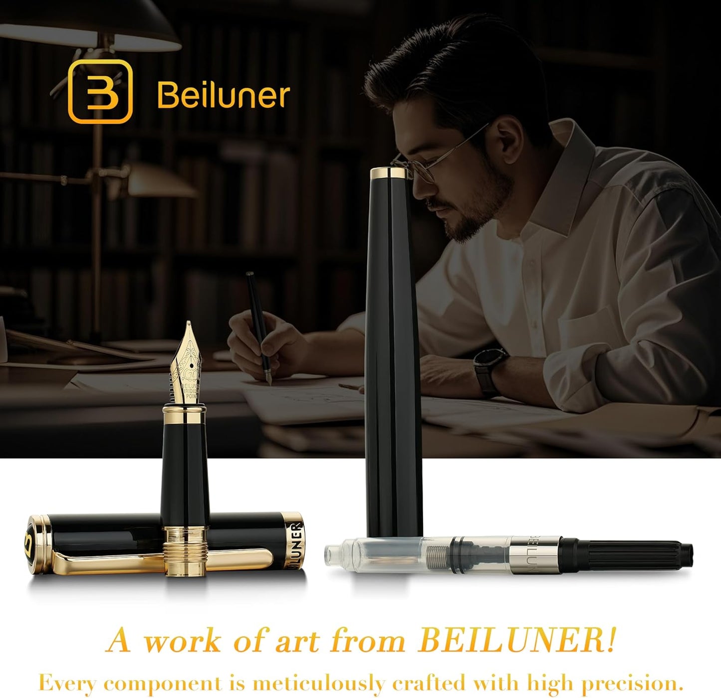 BEILUNER Black Fountain Pen,Stunning Luxury Pens with 24K Gold Accents, Gorgeous 24K Gilded Nib(Medium), Trustworthy Pen Gift for Men&Women -Ink Converter-Elegant, Reliable,Nice Pen for Writing