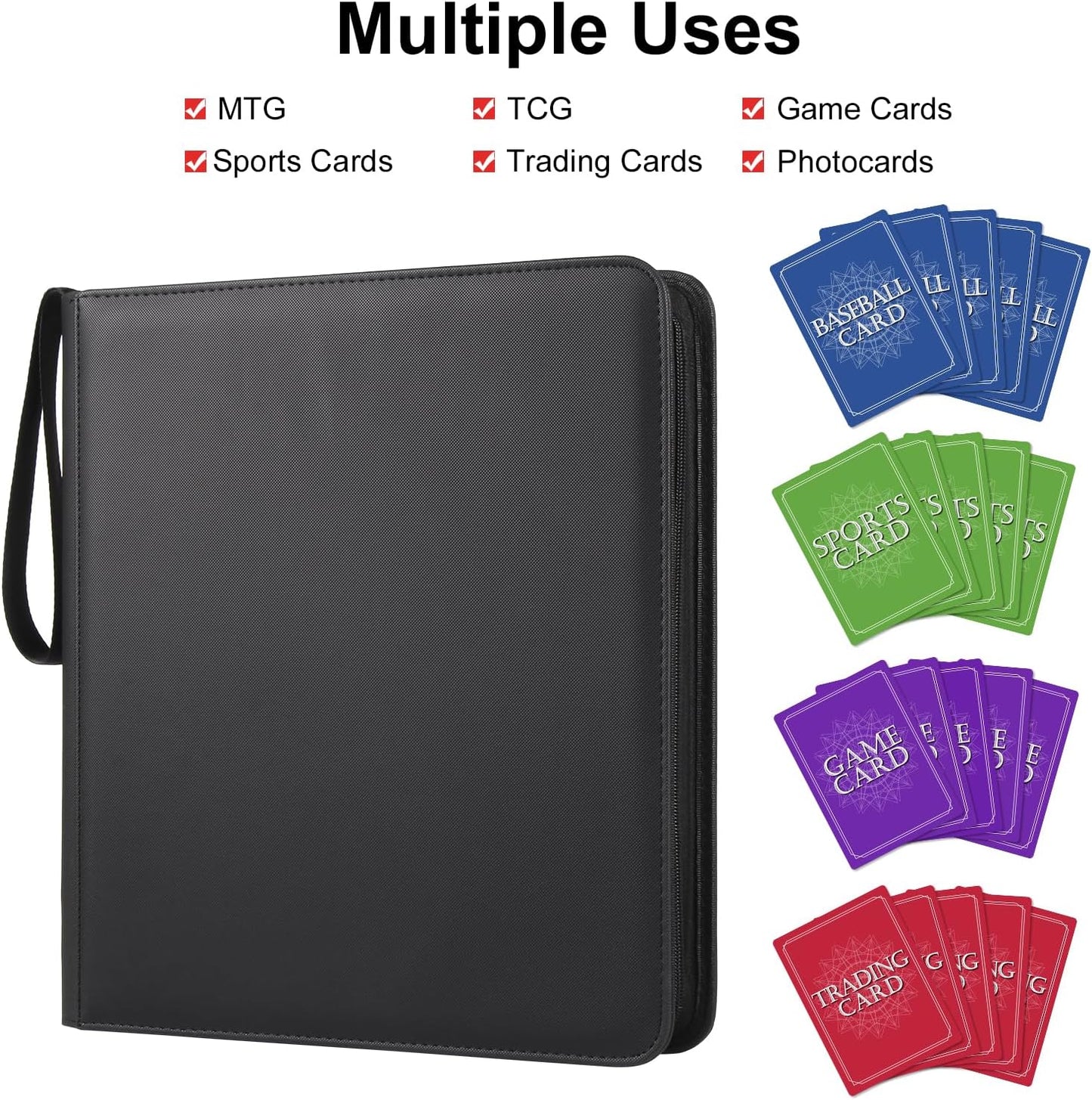 GEAoffice Trading Card Binder 12 Pocket Hold 720 Cards, Premium PU Cover Zipper Collection Binder, Ringless Sturdy Side Loading Card Album Folder for YuGiOh, MTG, TCG, Game & Sports, Non-PVC, Black