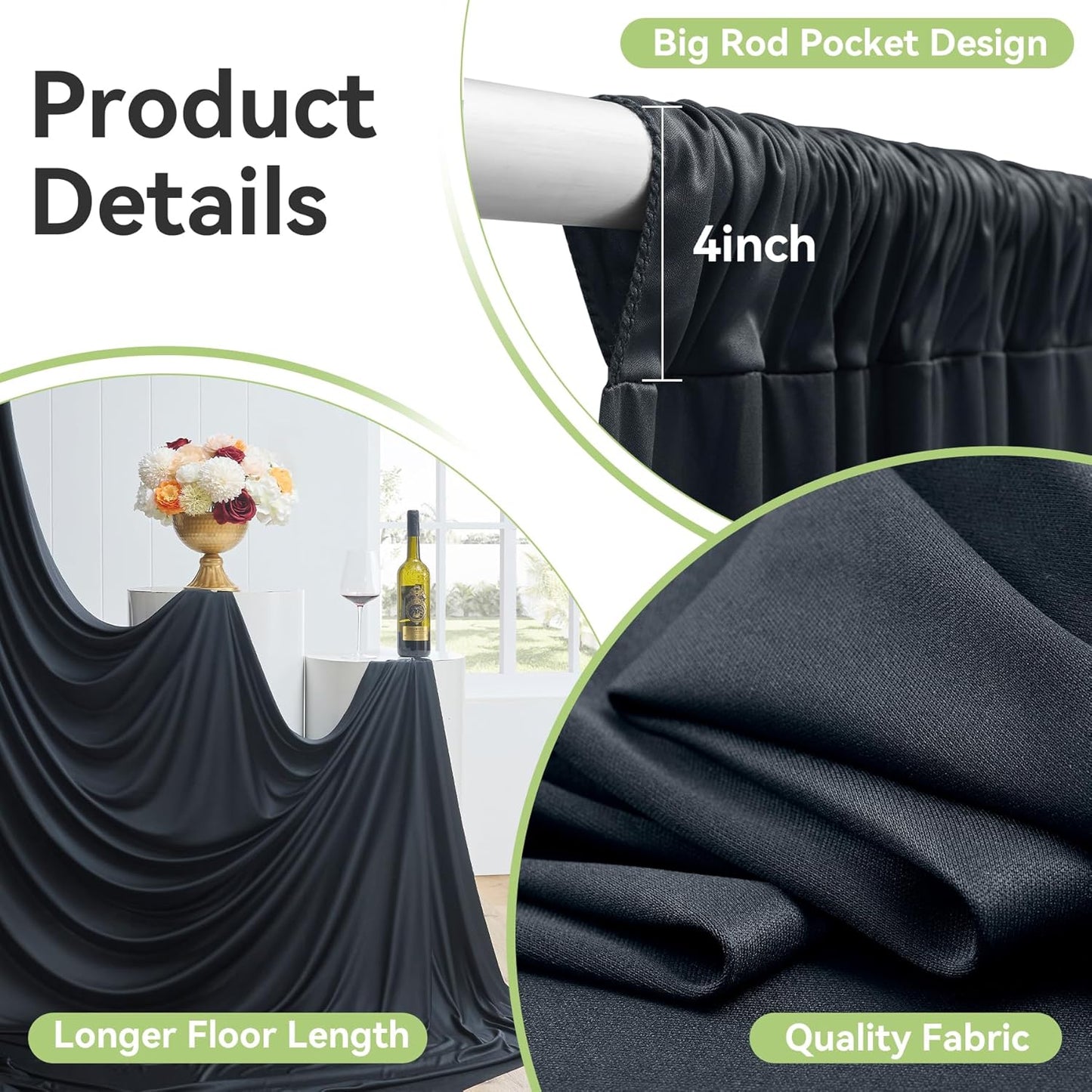 10ftx14FT Wrinkle Free Black Backdrop Curtain, 2 Panels 14FT Height Black Wedding Backdrop Drapes, Silky Polyester Back Drop Cloth for Birthday Photography Background Party Backdrop Draping